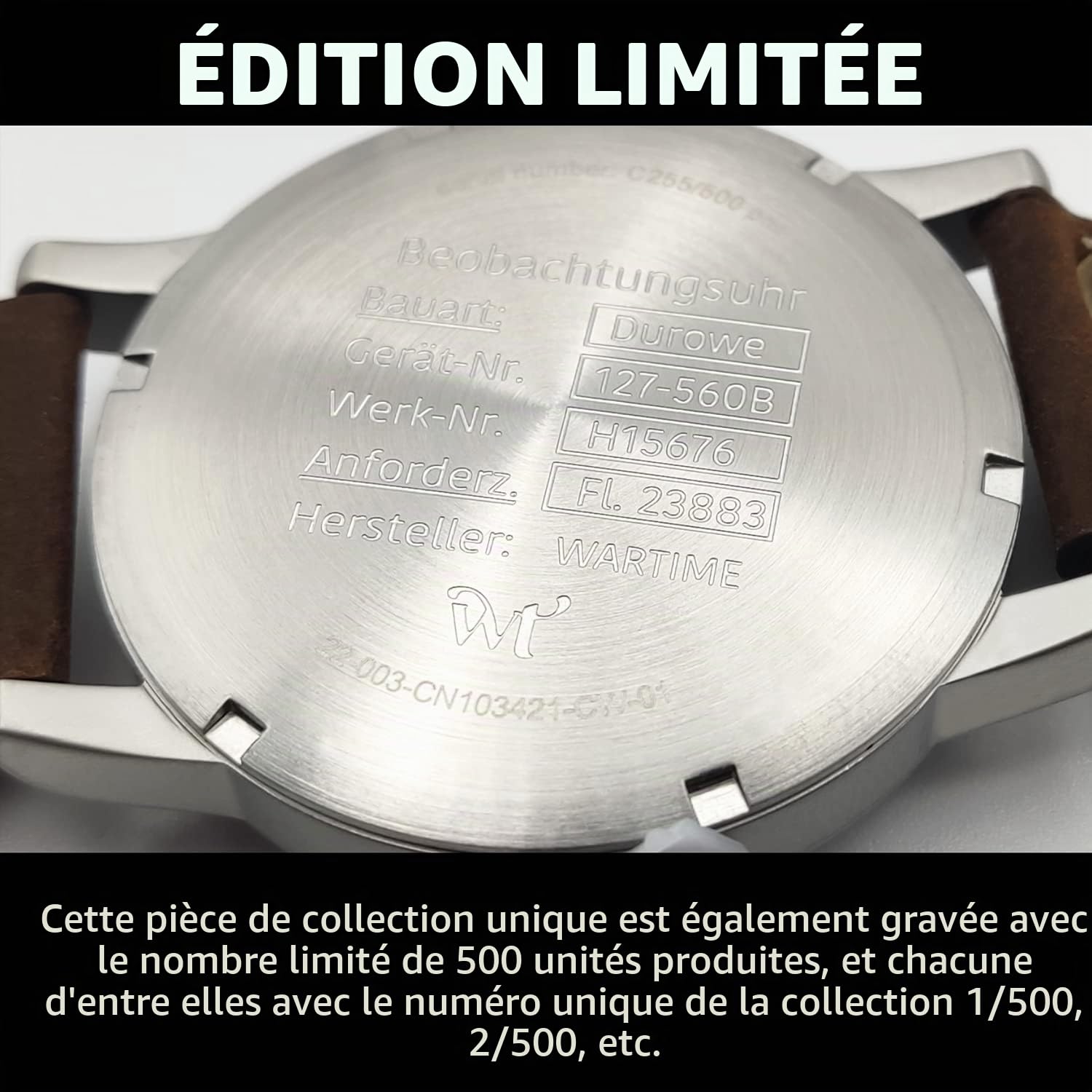 Montre Militaire Seconde Guerre Mondiale – Pilote Luftwaffe – Machine Suisse, boîte en Acier, Aiguilles Haute luminosité et Bracelet en Cuir – 10ATM – édition limitée numérotée de 500 unités