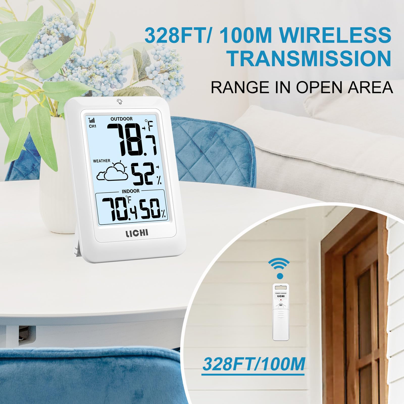 Thermomètre d'intérieur et d'extérieur sans fil, thermomètre hygromètre interne externe, fonctionne sur batterie pour la maison, moniteur d'humidité de la température (environ 100 mètres), écran
