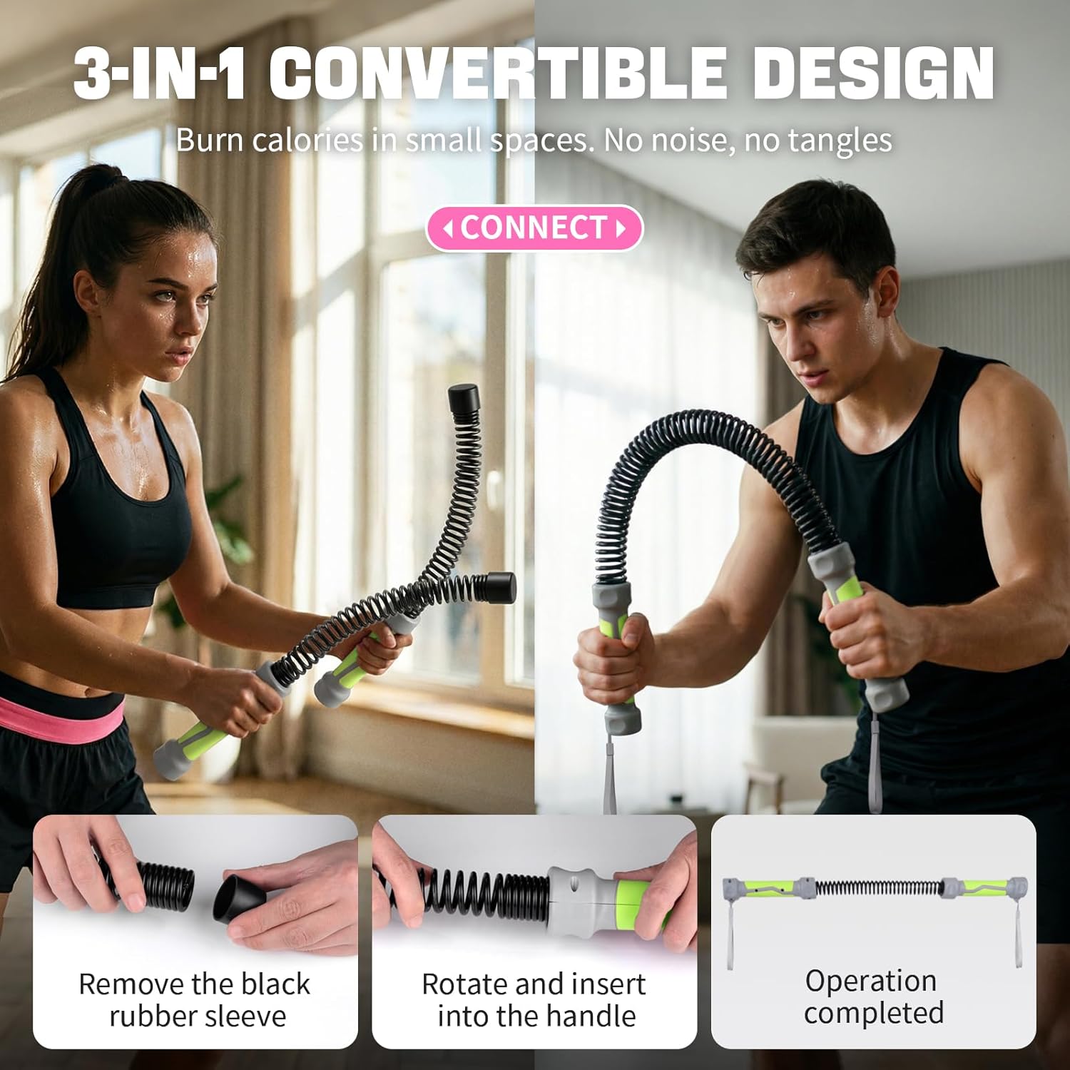 Ropeless Battle Ropes - 3-in-1 Heavy Ropeless Jump Rope Set & Solid Steel Resistance Bar for Home Gym - Portable Workout Equipment for HIIT,Strength Training