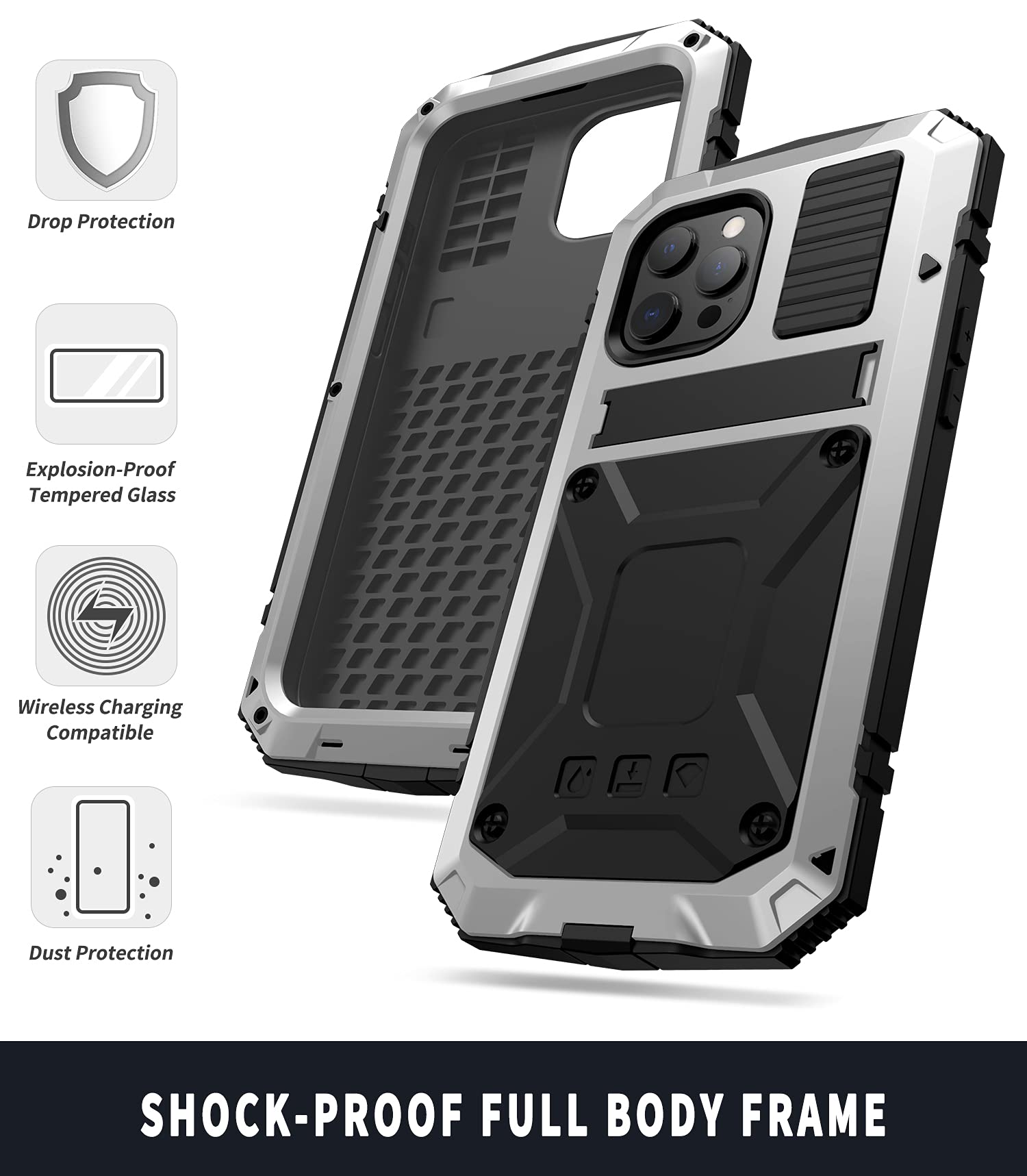 Metallo Custodia per iPhone 13 Pro Max, Outdoor Heavy Duty Armatura resistente militare metallo Antipolvere Antiurto Custodia Corpo Completo Custodia con cavalletto (iPhone 13 Pro Max, Argento