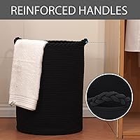 Vista 2 de Canasta de lavandería tejida de 58L, canasta alta de lavandería de algodón para mantas, ropa, almohadas, juguetes, zapatos, gran cesta de lavandería