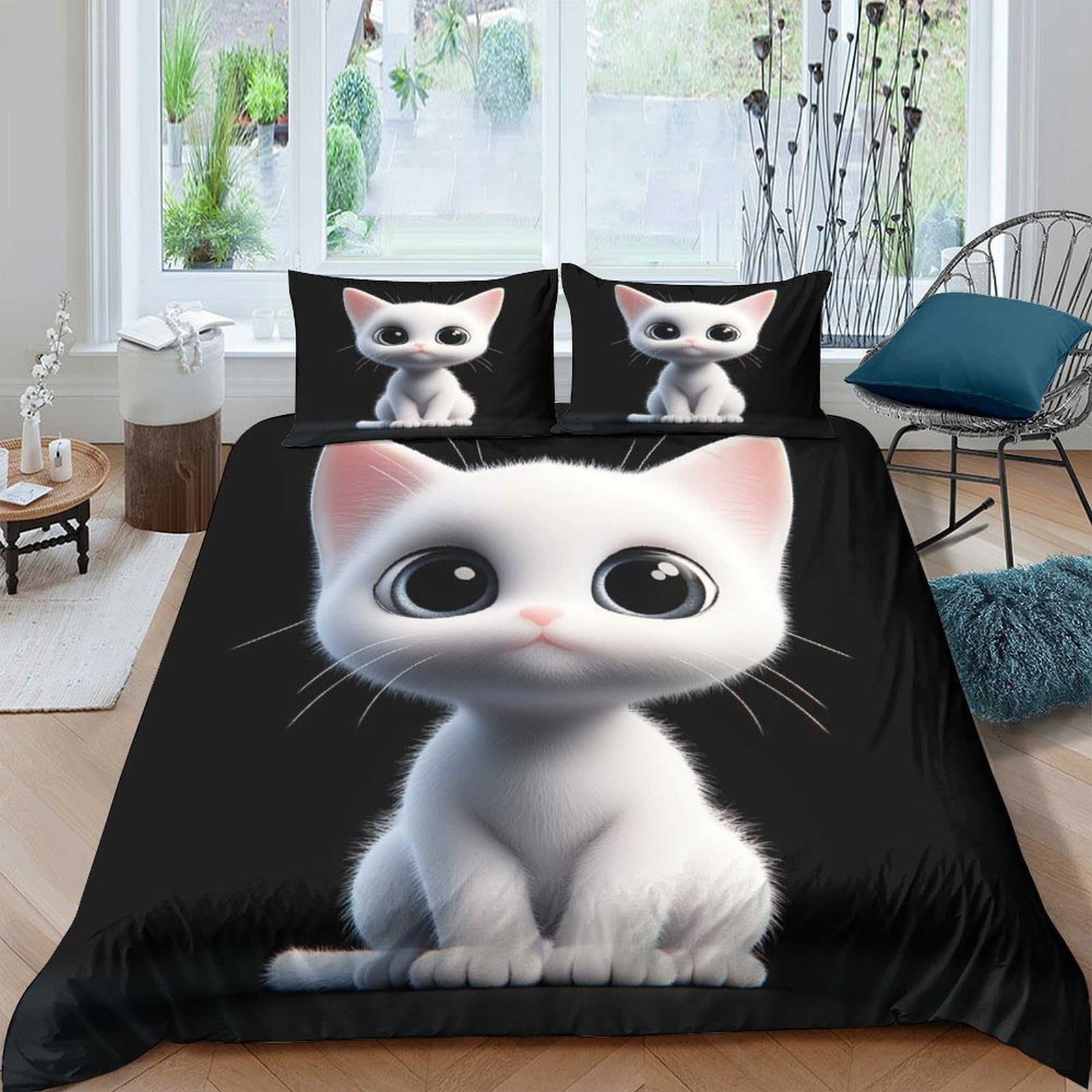 Gattino carino 3D Stampa Coperteletto 3pz Microfibra Leggera Fumetto digitale Coperta Letto 2 federe Antimacchia Adolescenti Adulti Giovani Super king（260x220cm）