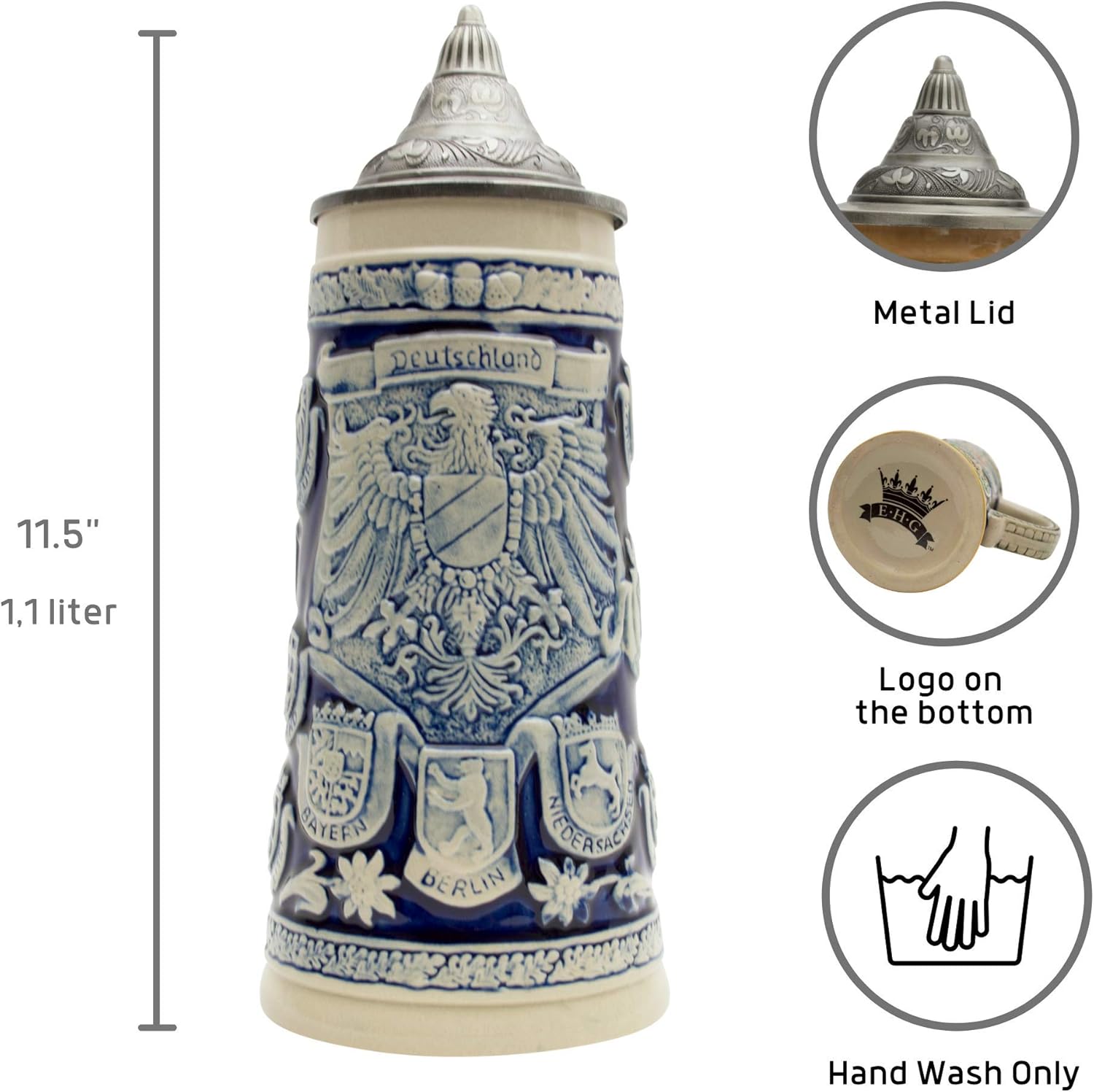 1.1 Liter | OktoberfestHaus German Beer Stein With Lid, Oktoberfest Beer Mug For Men & Women, German Adler (Eagle) Midieval Coat of Arms Bier Krug