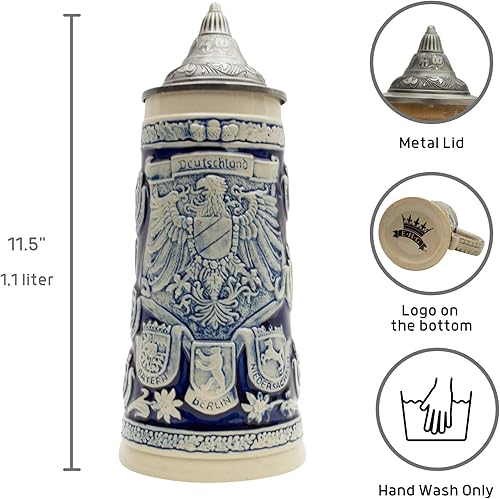 Miniatura 3 de OktoberfestHaus - Jarra de cerveza azul cobalto coleccionable con tapa de águila alemana (águila), escudo de armas medieval, Jarras de Cerveza y