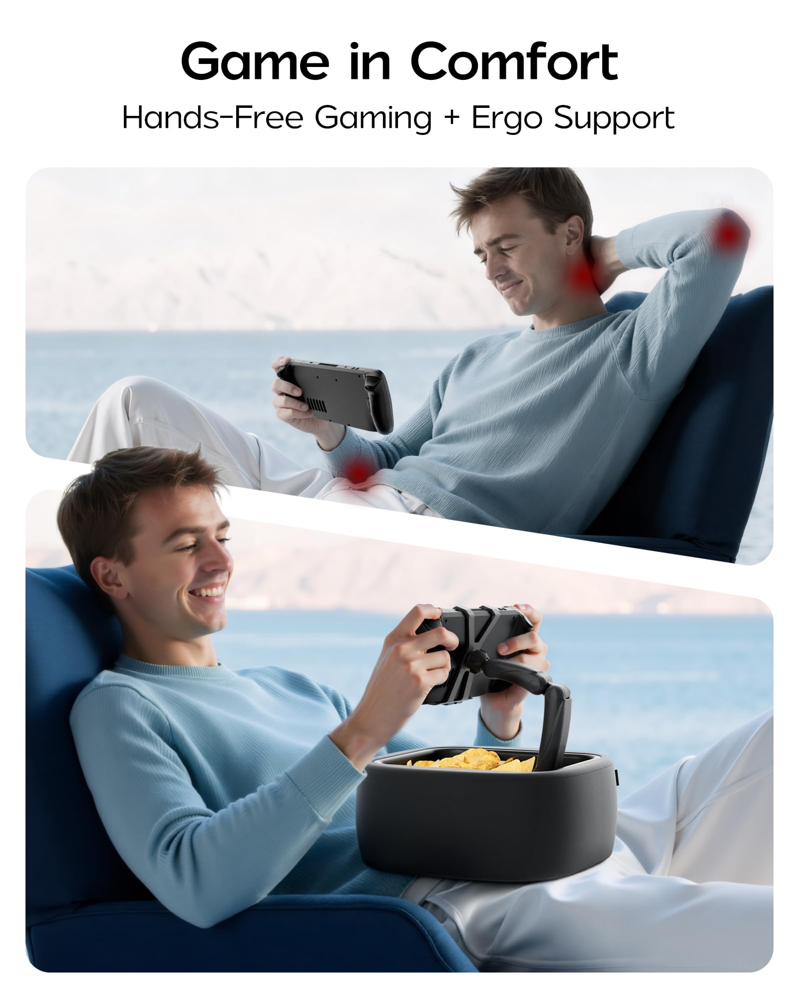 LULULOOK Gaming Kissen Ständer für Steam Deck & 4.7-14.6" Tablet mit 2 Clips, Maschine Waschbar Kindle Halterung Kissen mit 360° Schwenk Arm, Zero Gravity Steam Deck Zubehör mit Abnehmbar Snack