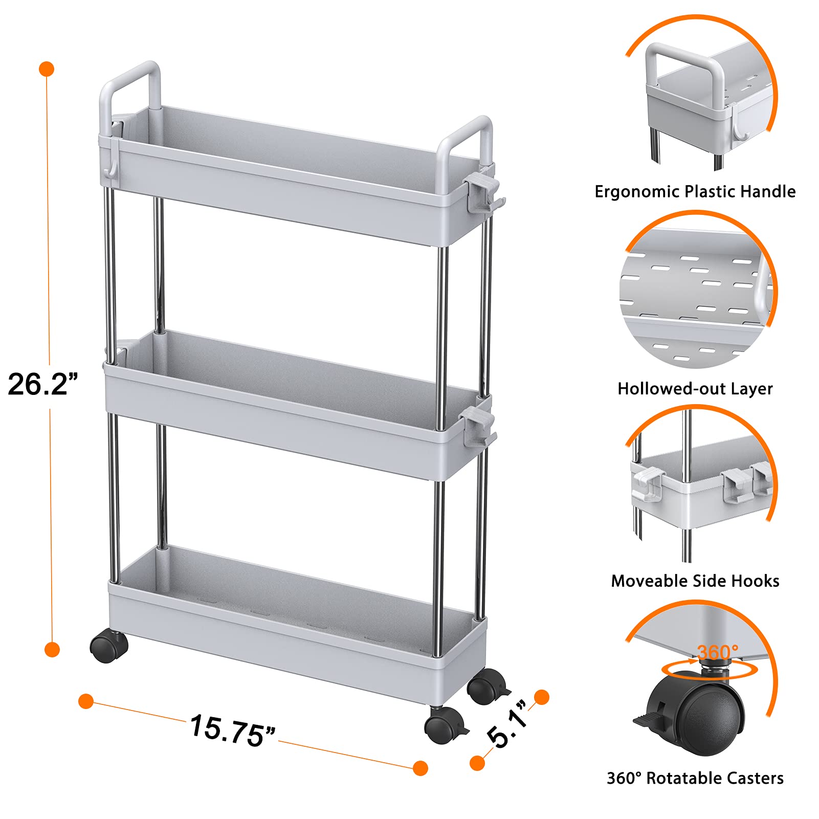 Ronlap 3 Tier Slim Rolling Storage Cart, Skinny Rolling Cart with