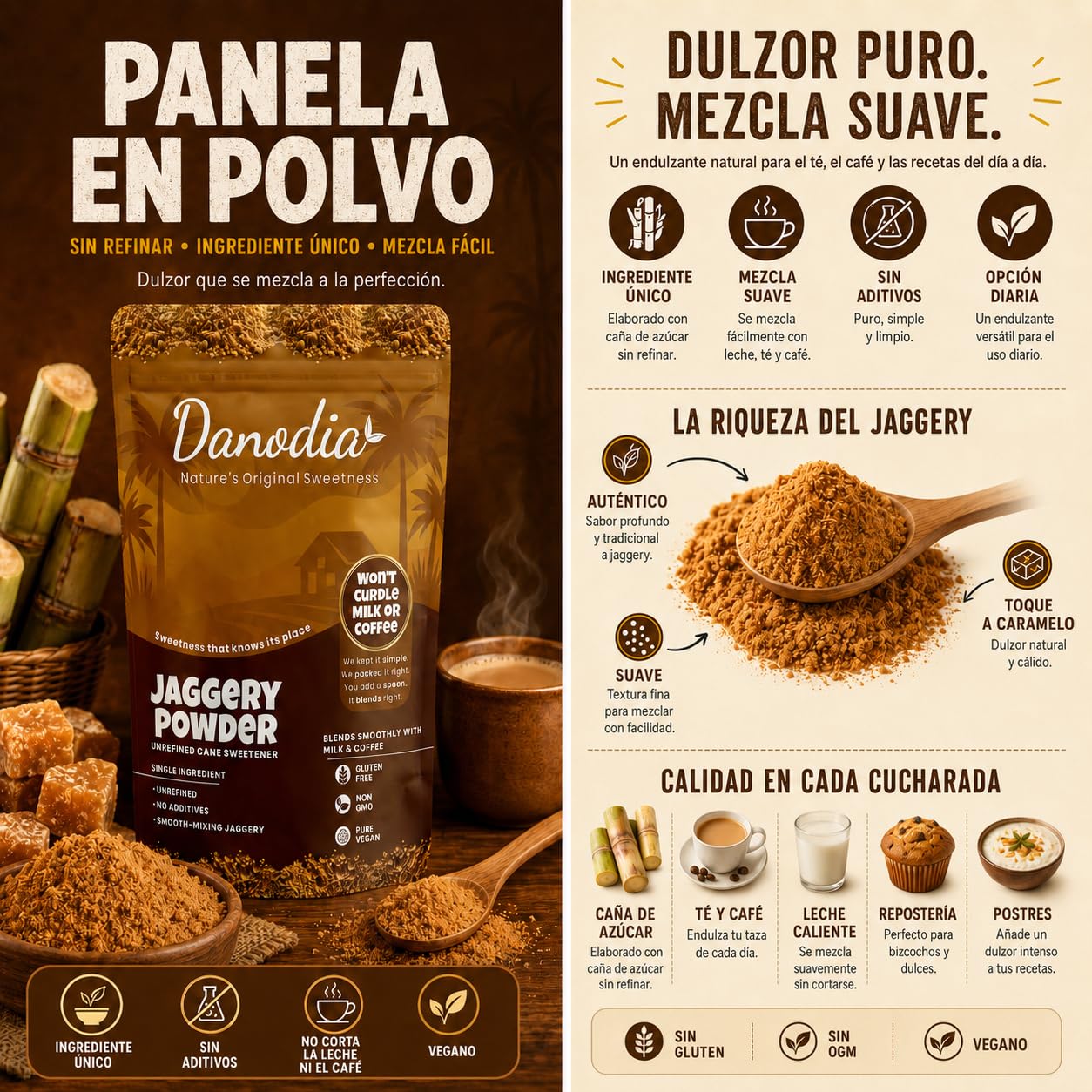 Danodia Foods Jaggery en Polvo 950 g / 2 lb, Endulzante Tradicional en Bolsa Resellable, Especialmente Formulado para Leche, Té, Café, Postres y Cocina Diaria