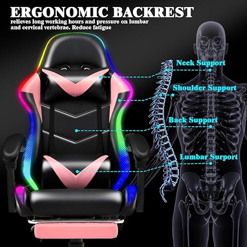 Miniatura 6 de Silla de Juegos con Luces LED RGB de Estilo Carrera, Sillas de Juego para Adultos y Niños, Silla Gamer con Masaje Lumbar, Silla de Computadora de