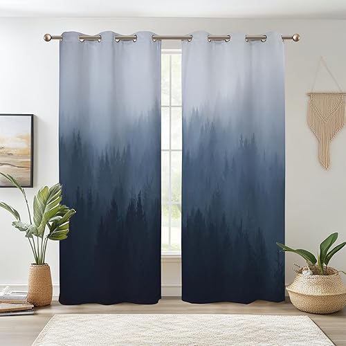 Renaiss Cortinas opacas con diseño de montañas de bosque brumoso, paneles de cortina de ventana para dormitorio, cubierta de niebla, bosque de