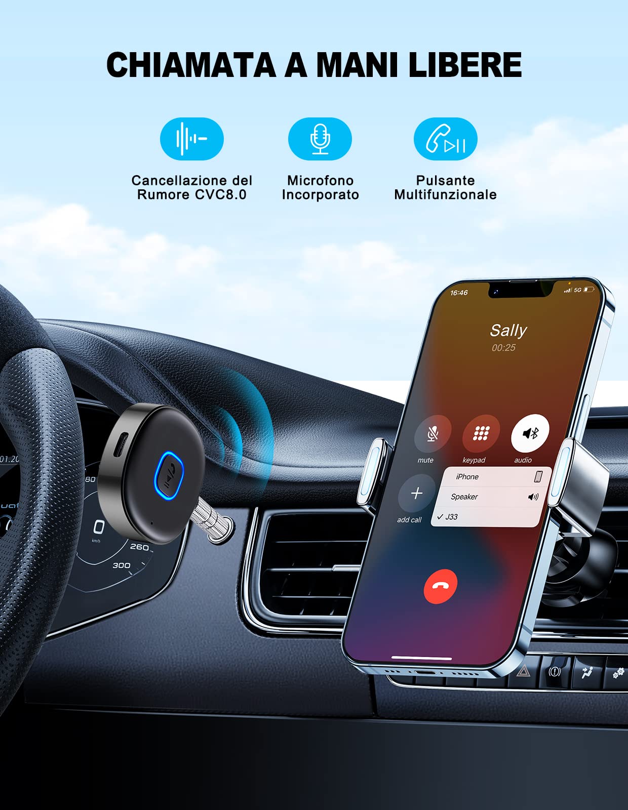 Mohard Ricevitore Bluetooth 5.3, Mini Aux Bluetooth Auto per Stereo/Cuffie Cablate/Altoparlante, Jack 3.5 mm Adattatore Amplificatori, 16 Ore di Riproduzione, Chiamate in Vivavoce, Connessione Doppia