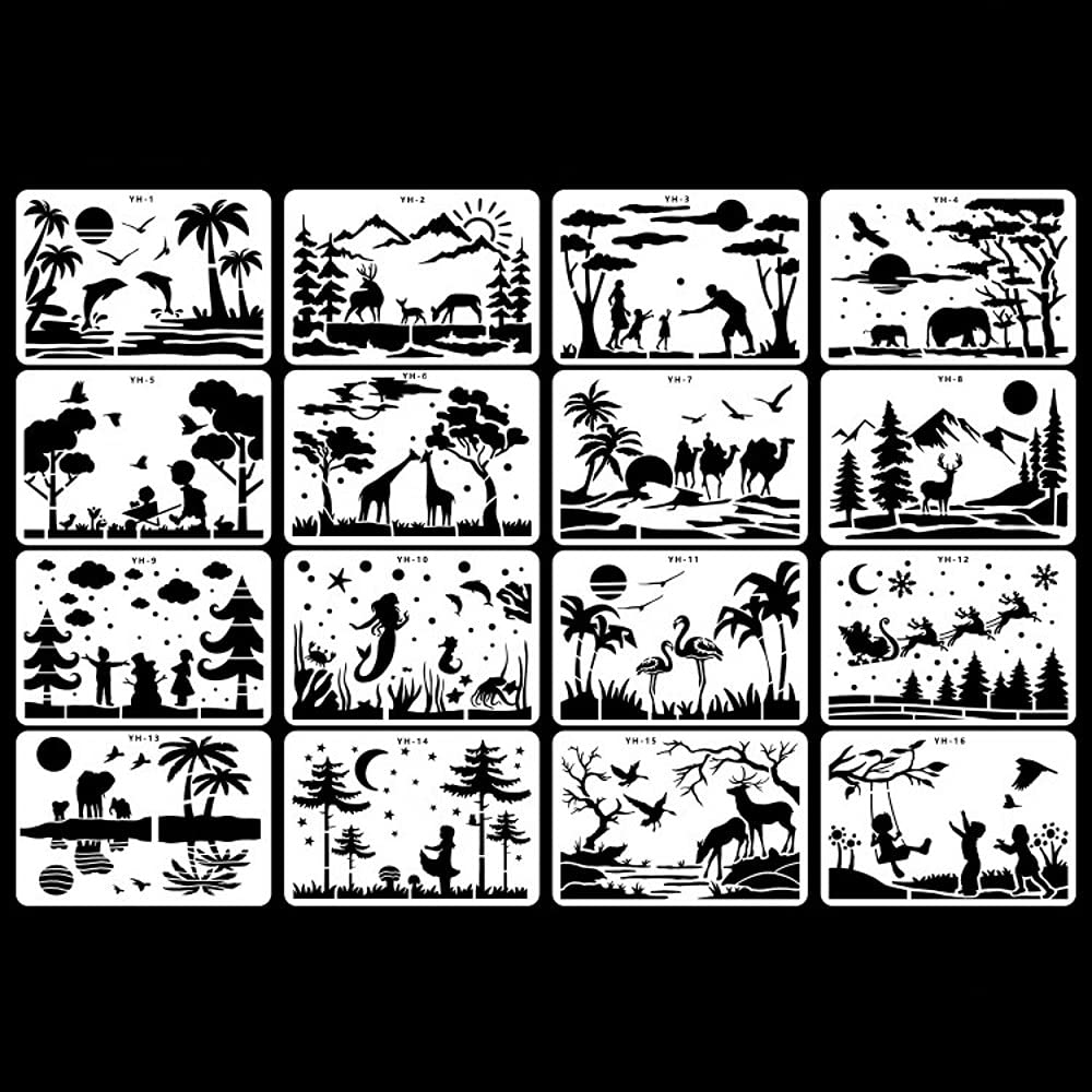16 plantillas de personajes de paisaje A4 para pintar sobre madera, plantillas reutilizables para decoración del hogar, plantillas y plantillas de bricolaje para carteles, manualidades, arte