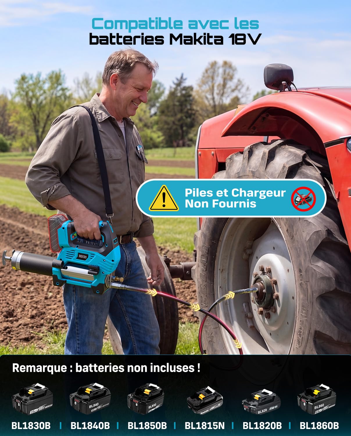 Seesii 12000PSI Pompe a Graisse Electrique compatible avec les batteries Makita 18 V (batterie non fournie), 3 Vitesses, Moteur Brushless, 3 Embout, Tuyau de 1m, Raccord à 90°, pour Équipements Lourds