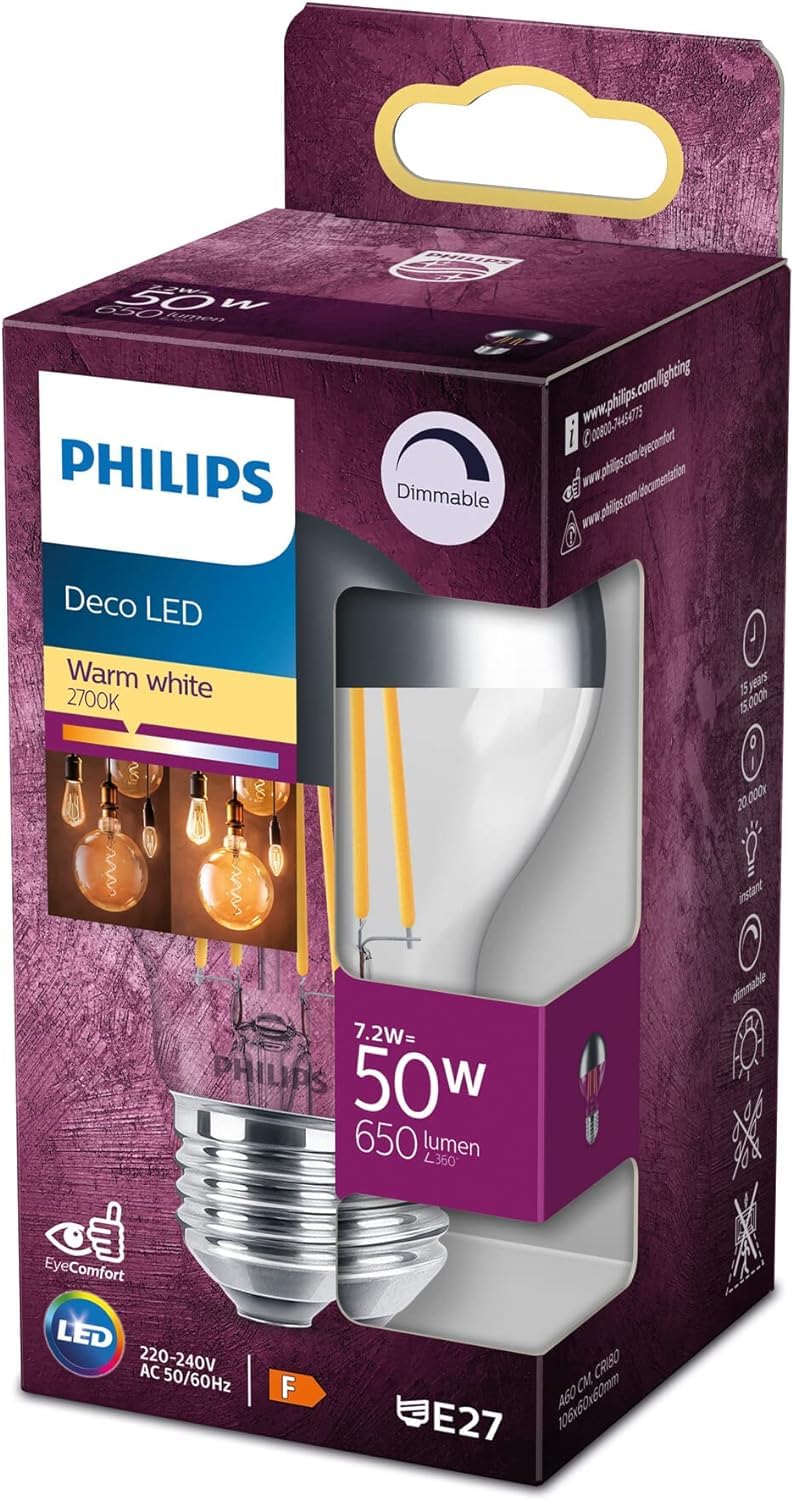 Philips LED Premium Classic Dimmable A60 Crown Mirror Light Bulb [E27 Edison Screw] 7.2W - 50W Equivalent, Warm White (2700K)
