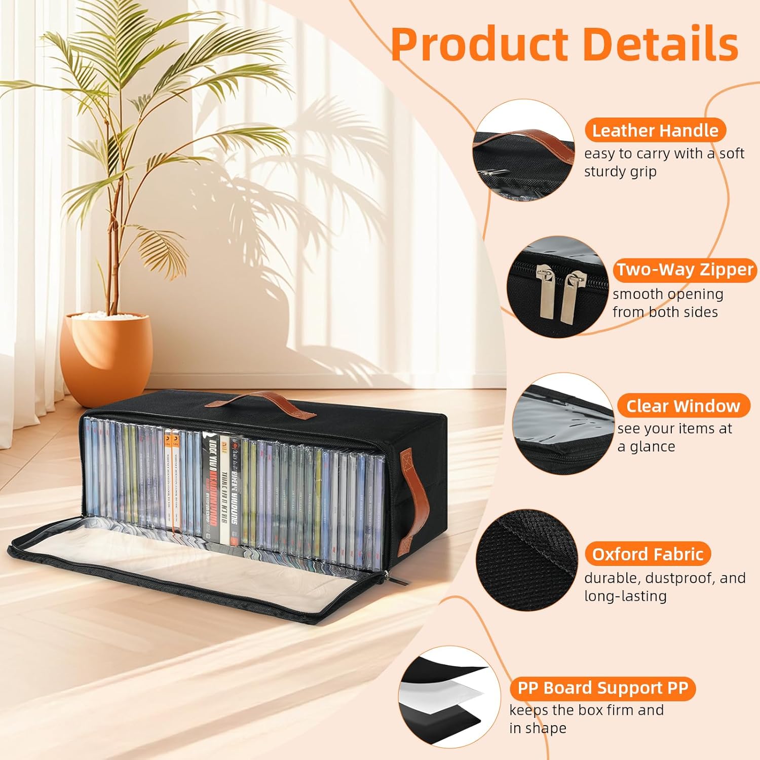 4 Pack CD Storage Box, Stackable CD Case Holder with Front Zippered Clear Window and Handles, 15.7 x 6.1 x 5.3 Inches Oxford Fabric CD Tower Rack, Holds Up to 148 CDs (Black, 4 Pack)