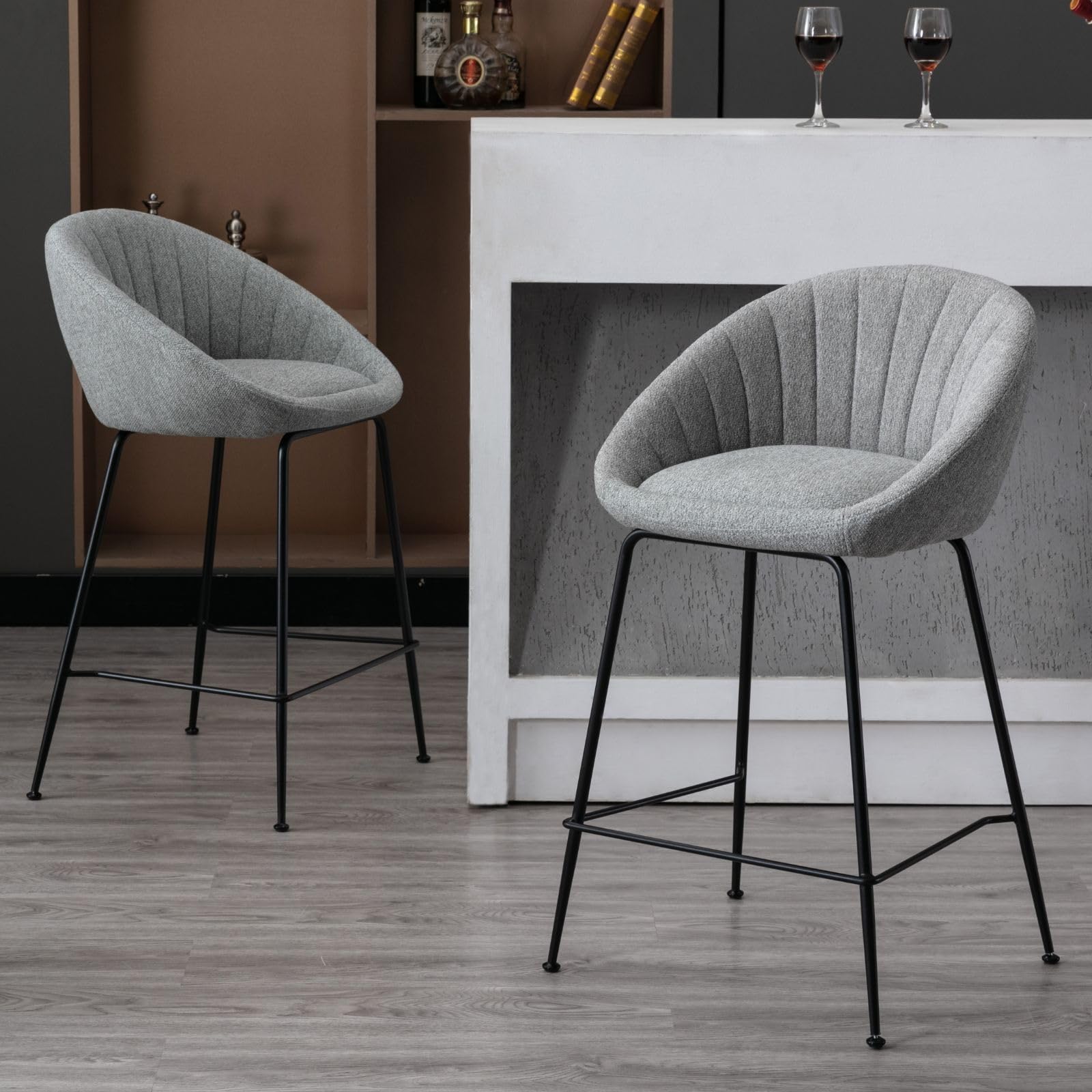 chairus Juego de 2 Taburetes de Bar Modernos Sillas Altas de Cocina con Respaldo, Sillas de Bar de Fibra con Patas Negras Taburetes Altos para Islas de Cocina/Restaurante,Gris