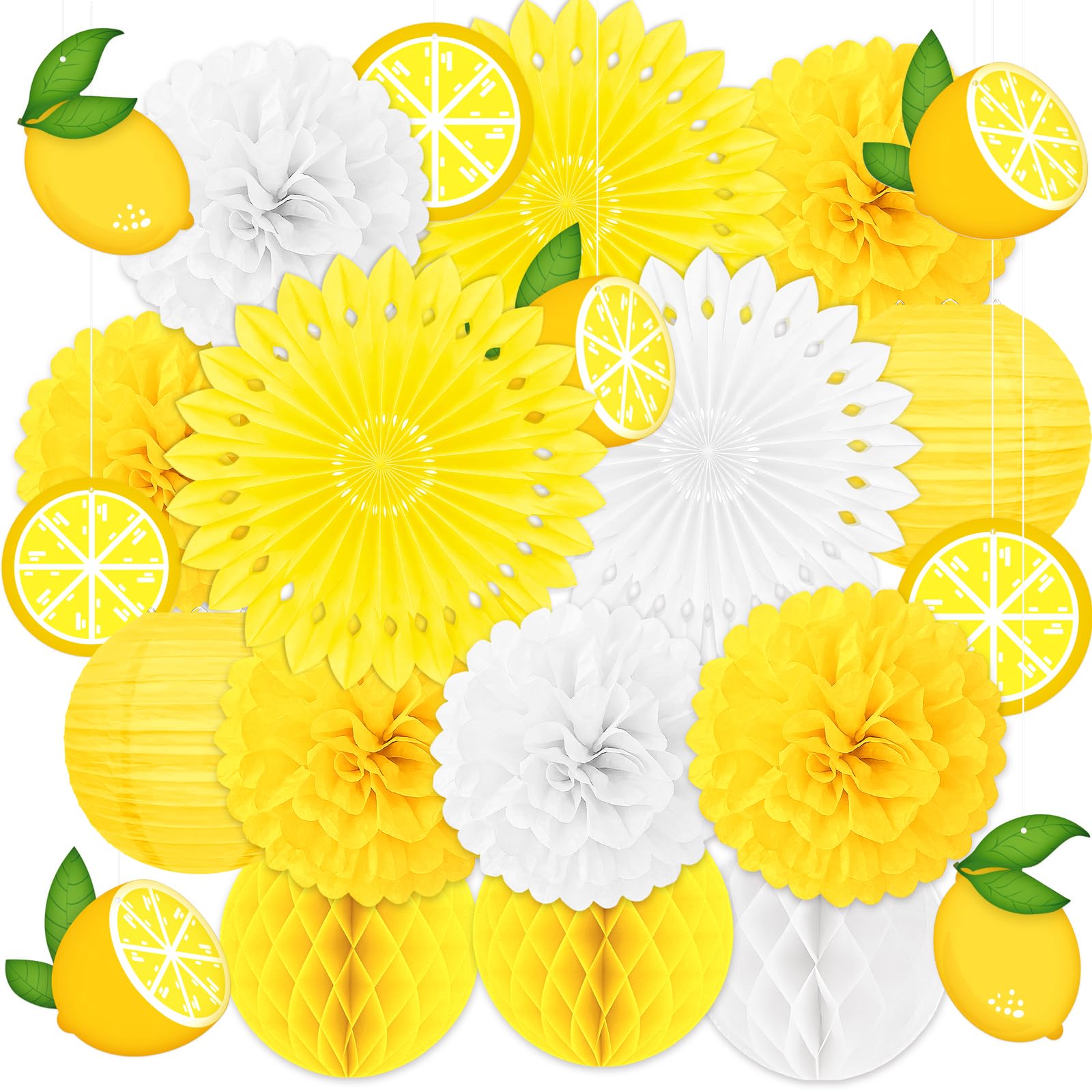 22pcs Summer Lemon Party Decorations - Yellow Hanging Paper Fans, Pom Poms, Lanterns for Lemonade Stand for Birthday, Italian Home Backyard Indoor Outdoor Decor
