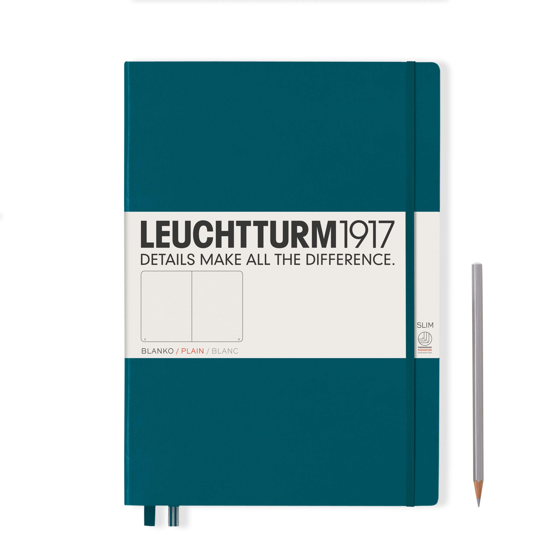 LEUCHTTURM1917 Master Slim (A4+) Hardback Notebook 123 Numbered Pages Pacific Green Blank 359791