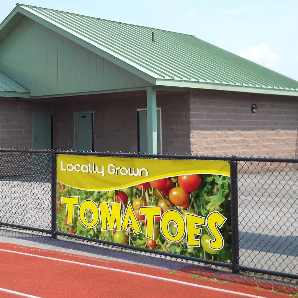 Vinyl Banner Sign Locally Grown Tomatoes Business Locally Grown Tomatoes Outdoor Marketing Advertising Yellow - 24inx48in, 4 Grommets, One Banner