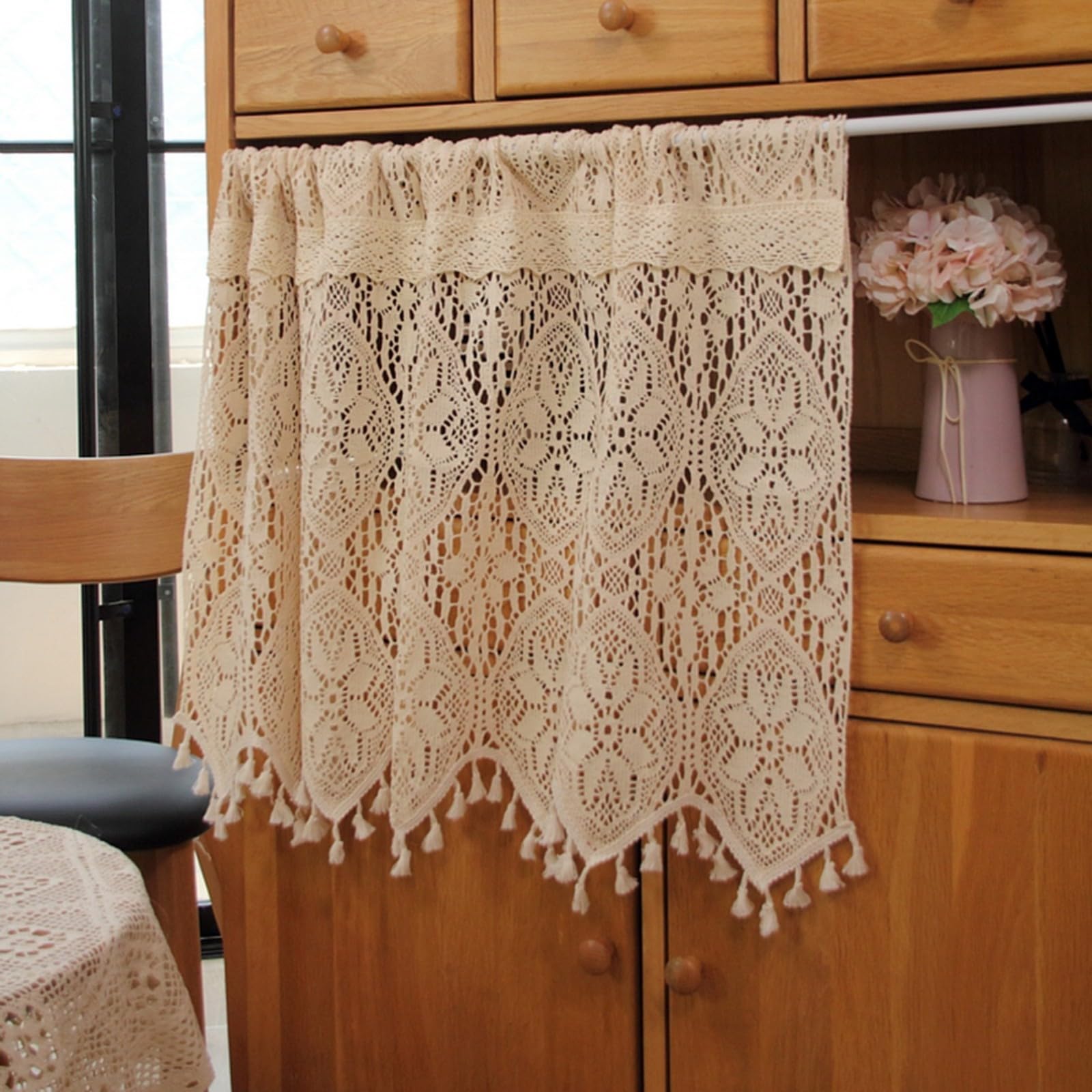 A.Monamour Short Curtain for Small Window Rustic Boho Cotton Flowers Hollow Crochet Lace Semi Transparent With Tassels Cabinet Curtain Door Curtain