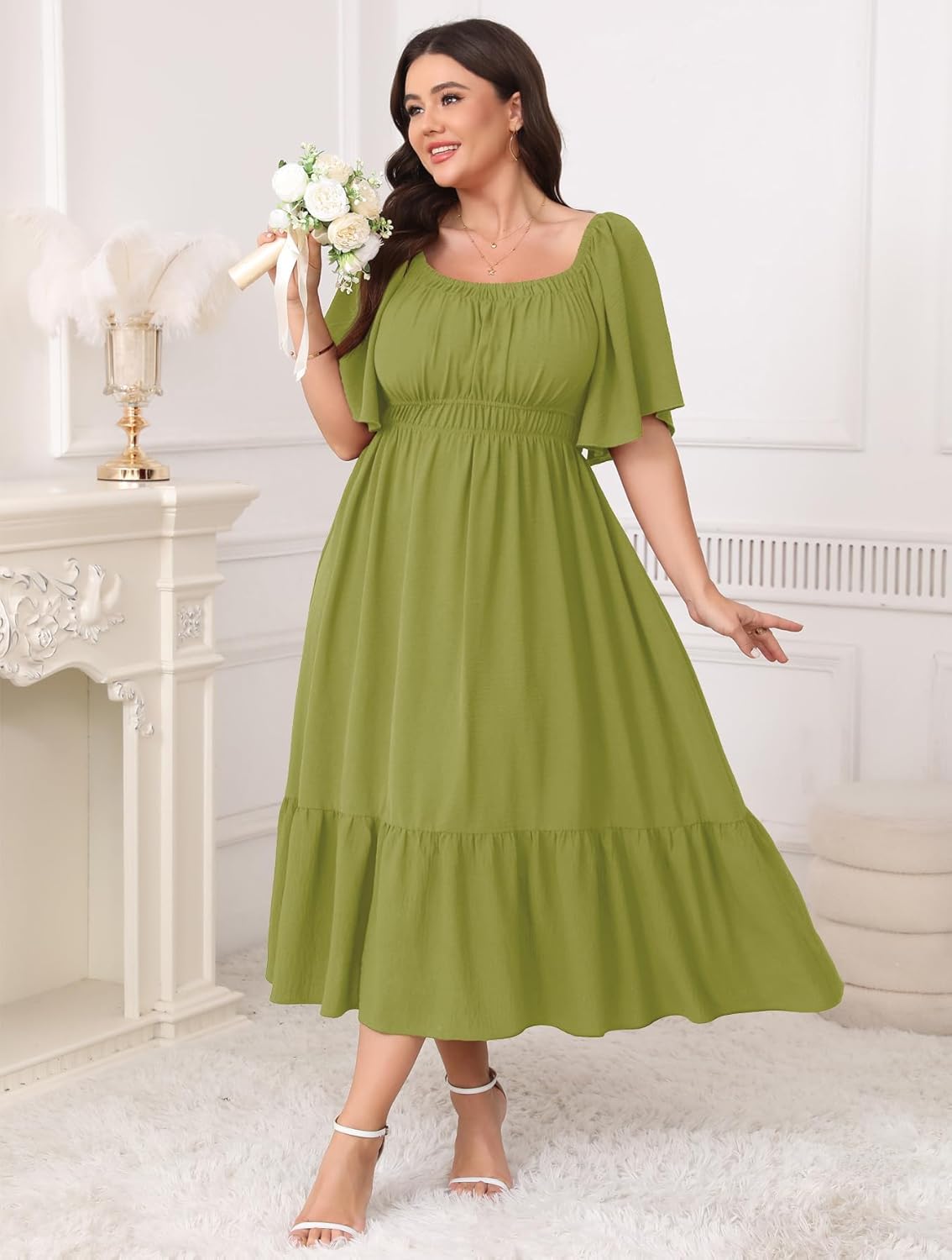 Plus Size Smocked Maxi Dresses for Curvy Women Square Neck Flowy Casual Summer Wedding Guest Dress - Image 3