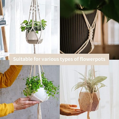 Miniatura 4 de Laerjin Ganchos de macramé para plantas, juego de 6 soportes para plantas colgantes hechos a mano, soporte decorativo para macetas, cuerda de