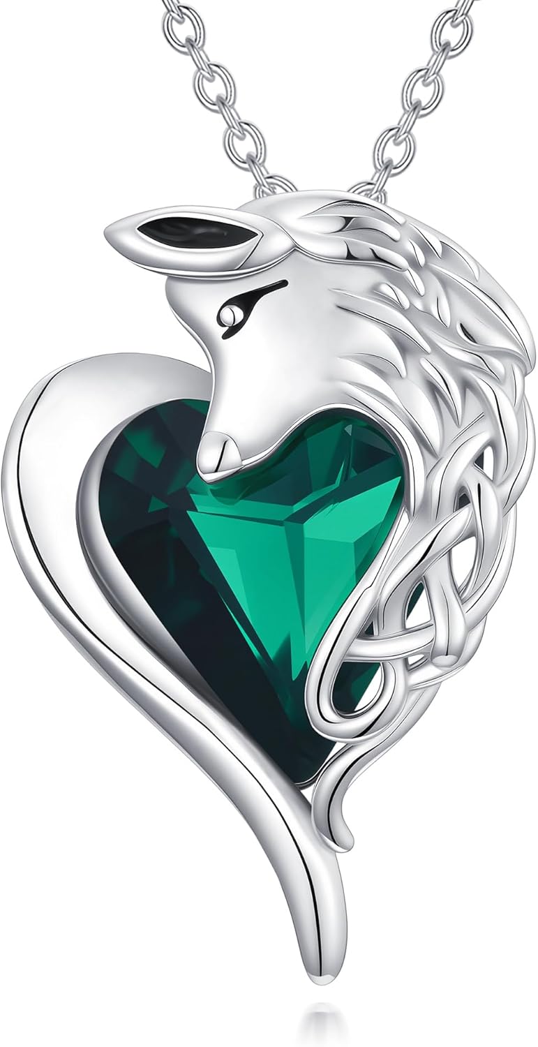 Horse Necklace for Women Sterling Silver with Green Crystal Pendant Jewelry for Horse Heart Women Gift