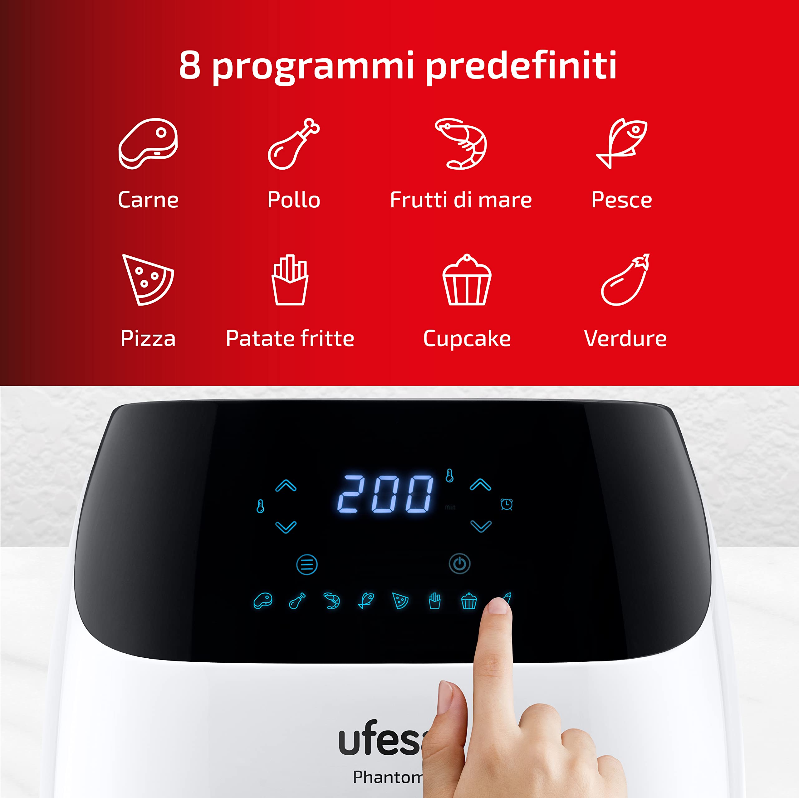 UFESA AF5100 White Phantom Friggitrice ad Aria Bianca, Air Fryer WIFI, Ricettario e Controllo via APP o con Schermo Tattile, 5 L, 8 Programmi, 1500 W, Cestello e Vassoio Estraibili, BPA e PFOA Free
