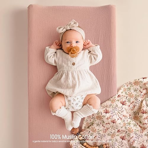 Miniatura 4 de lulumoon Funda para cambiador de muselina paquete de 2 unidades, algodón suave y transpirable, estampado floral bohemio para niñas bebés - guardería