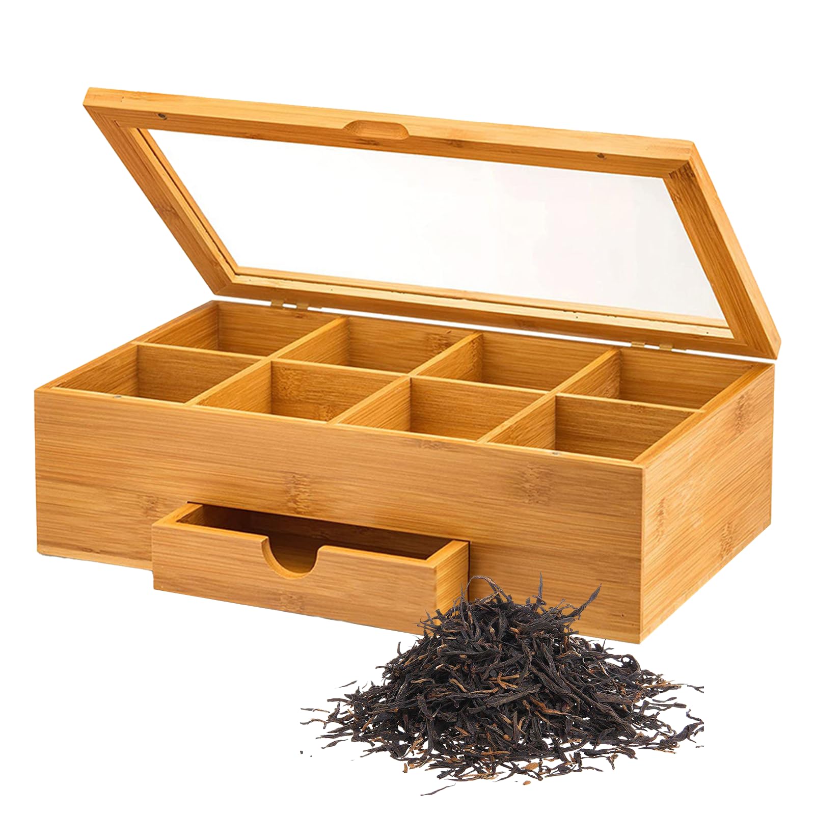 Caja De Té De Madera Con 6 Compartimentos - 25x15x10 Cm (10x6x4 Pulgadas), Tapa De Vidrio, Grabado Árbol De La Vida
