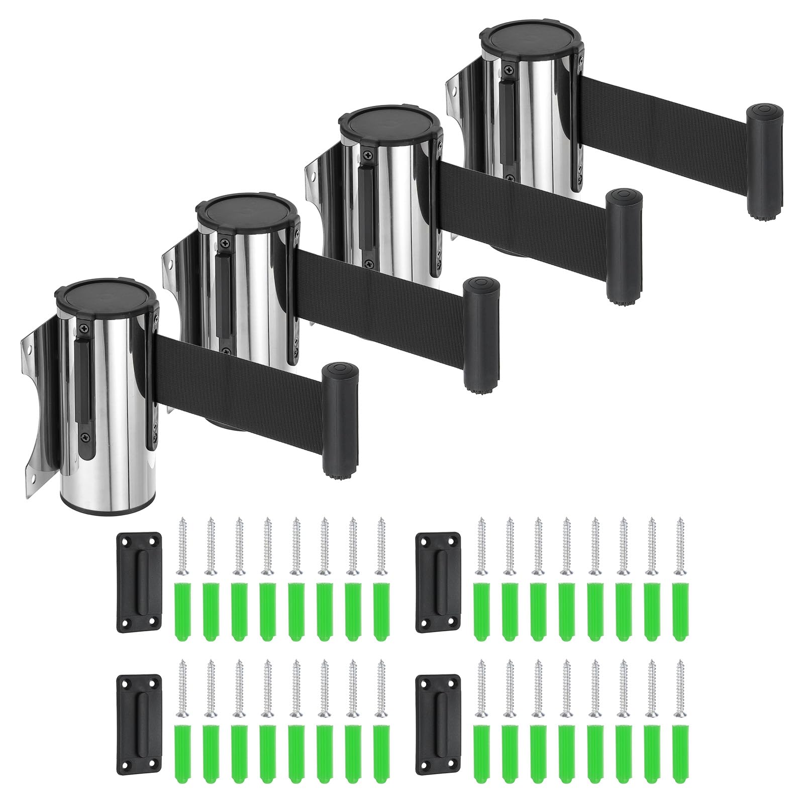 QUARKZMAN Soporte De Pared Fijo Barrera Retráctil De Cinta 6.56 Pies Cintas Retráctiles Fijas Para Control De Multitudes Para Colas Tienda Minorista Estadio Negra Con Caja De Acero 4pcs