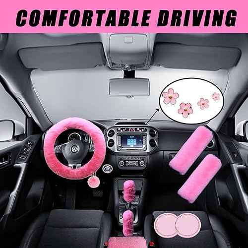 Miniatura 6 de Funda esponjosa para volante para mujer con funda de engranaje peludo, funda para freno de mano, funda para cinturón de seguridad y almohadilla para