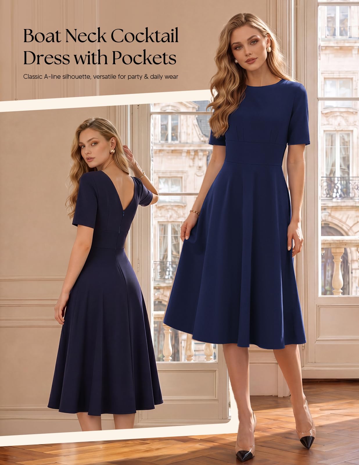 Belle Poque Elegante Kleider Damen A-Linie Sommerkleid Midi | Midikleid Damen mit V-Ausschnitt am Rücken, Seitentaschen in der Naht, weicher hautfreundlicher Stoff, mittlere Elastizität