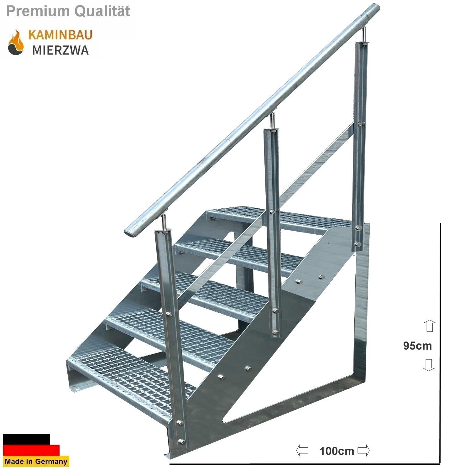 Premium Treppe Freistehend 5 Stufen Geländer Rechts (Breite 1000 mm) (Höhe 95cm) Wetterfest Gitterroststufe Gartentreppe