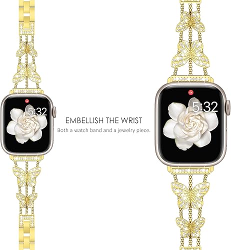 Miniatura 2 de NewWays Compatible con Apple Watch Band Butterfly de 1.496 in, 1.575 in, 1.614 in, 1.654 in, 1.732 in, 1.772 in, pulsera brillante con diamantes