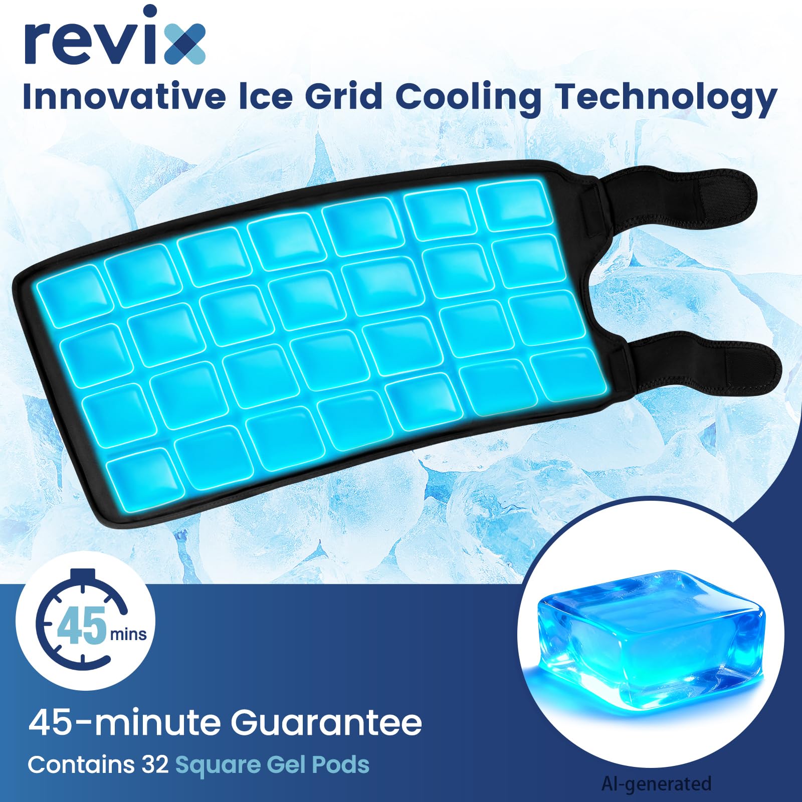 REVIX Extra Large Knee Ice Pack, bolsa de hielo para rodilla con 45 minutos de duración, diseño de gel con rejilla de hielo, terapia de frío para pantorrillas y brazos (50,8×27,1cm, 2 unidades)