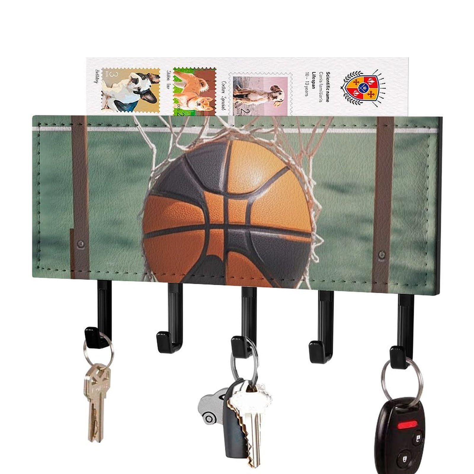 Fekiloot Black-Style Basketball Key Holder Wall Mount Key Hanger With 5 Hooks Decorative Key Rack Hanging Key Hooks With Mail Organizer Key Holder For Wall Living Room Kitchen Bathroom Hallway Black