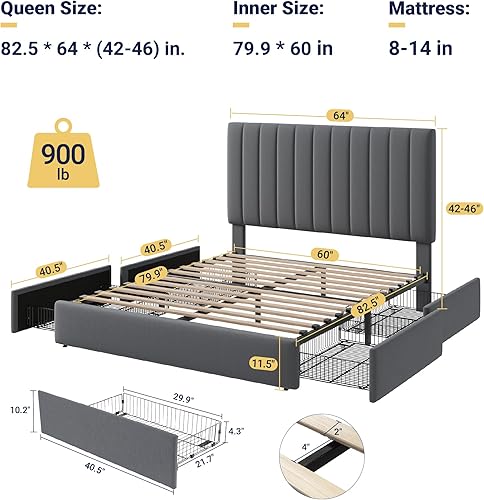 Miniatura 2 de Allewie Base de cama de almacenamiento tamaño Queen, cabecera ajustable capitoné de canal vertical, plataforma tapizada de terciopelo con 4 cajones