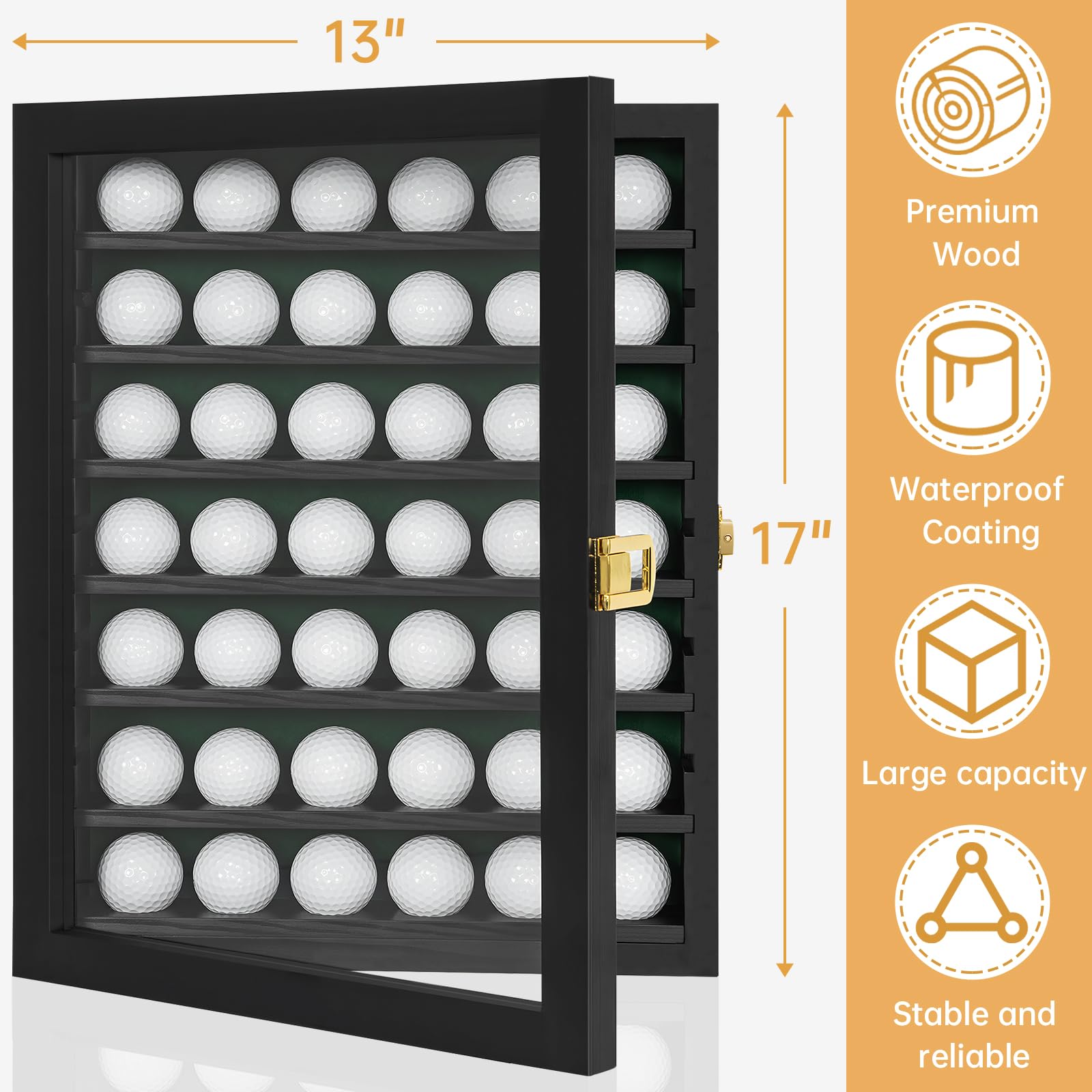 Vitrina para pelotas de golf, 42 soportes para pelotas de golf, regalo para entusiastas del golf, gabinete de exhibición para montaje en pared y soporte (negro, para 42 pelotas de golf)