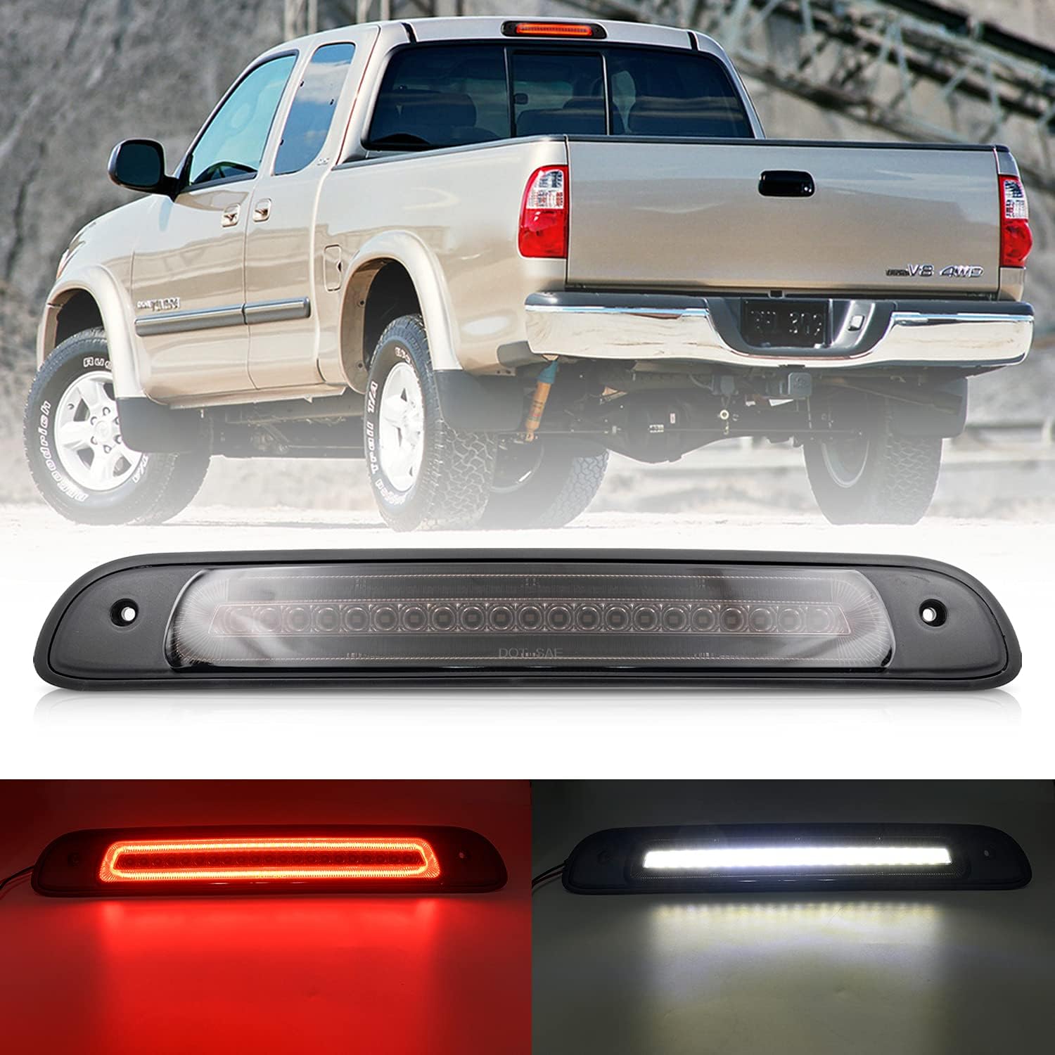 NSLUMOLed Third Brake Light Replacement for 2000-2006 To'yota Tundra Pickup Trucks Red LED Strobe Rear 3rd Brake Center High Mount Stop Lamp + White Cargo Light Kit Euro Smoked Lens