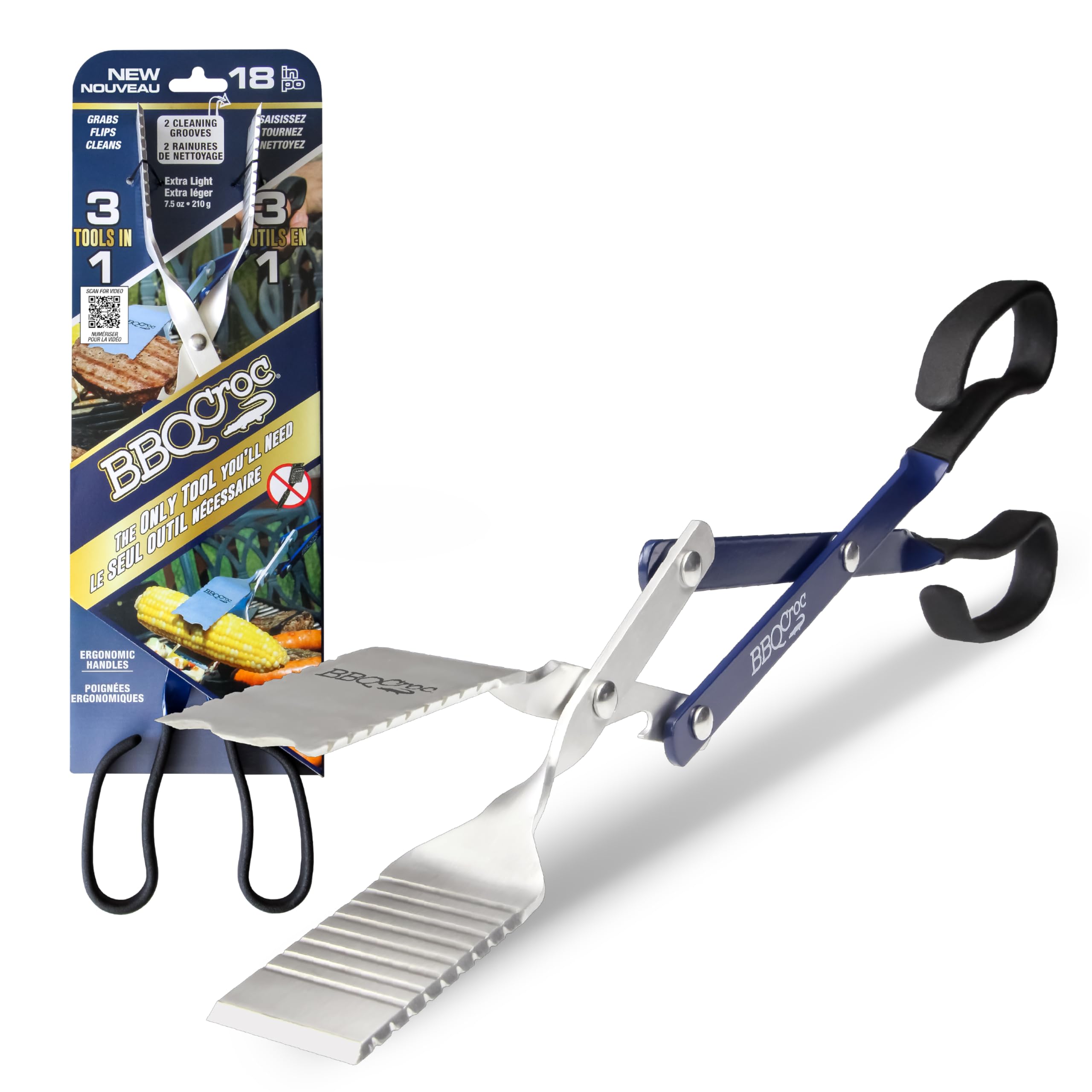 BBQCroc 3 in 1 Barbecue Tool 18-inch - Tongs, Spatula and Grill Cleaner (Blue)