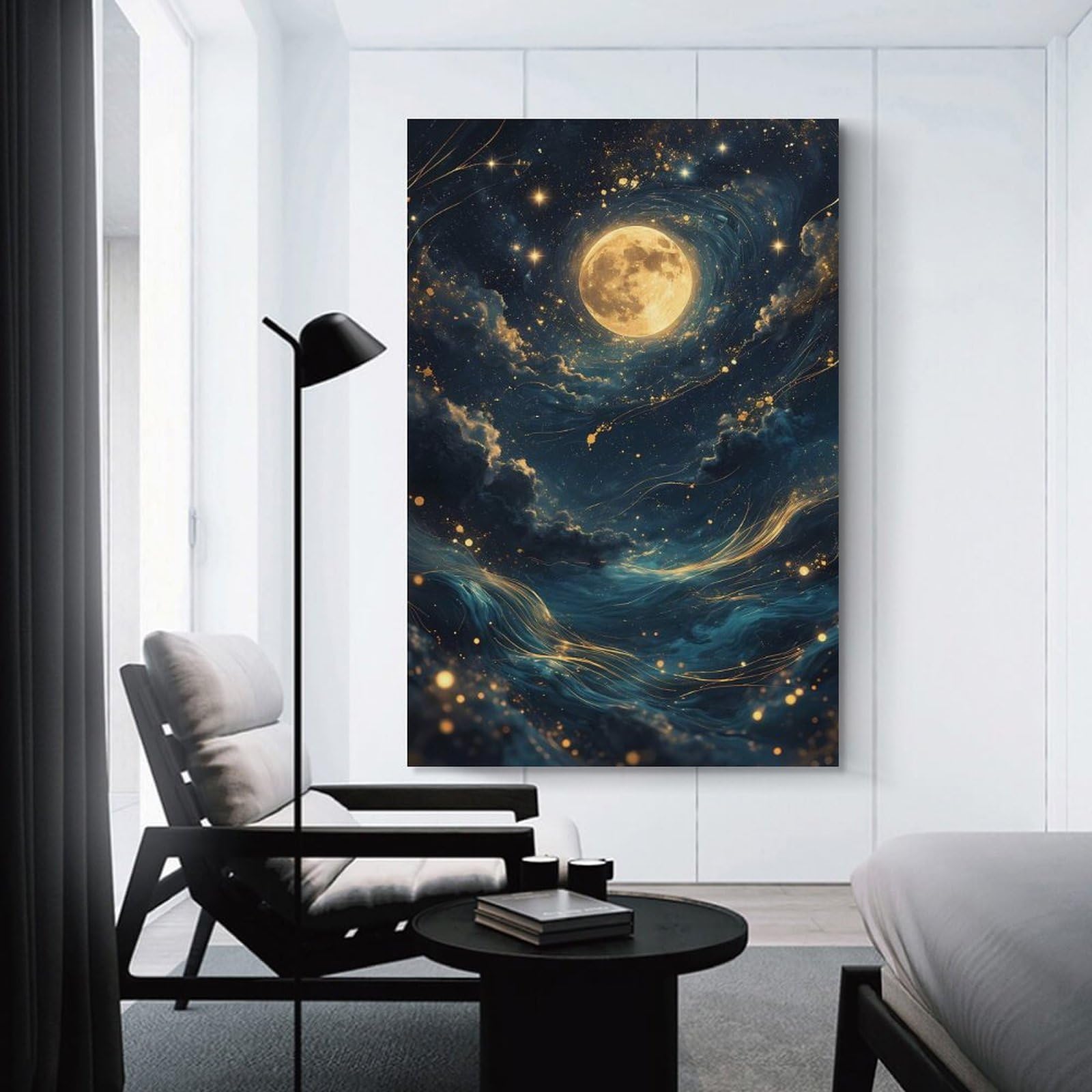Junmoney Decorative Canvas Print Celestial Moon And Stars, 20x30inch(50x75cm), for New Homes, Bedrooms Or Workspaces, Thoughtful Wall Decor for Art Lovers