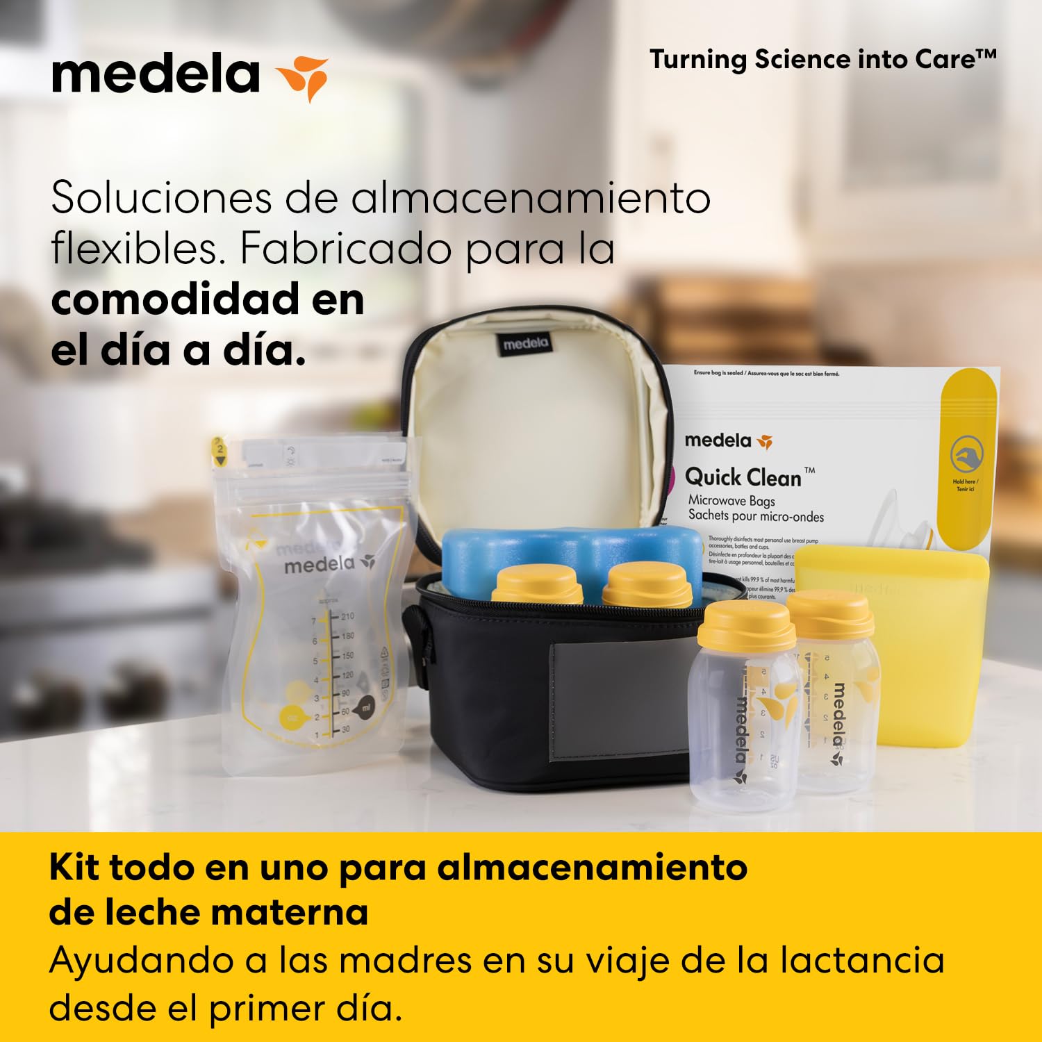 Medela kit todo en uno para almacenamiento de leche materna con biberones de 150 ml, Easy Pour y reutilizables, bolsa para microondas Quick Clean y nevera portátil con placa de refrigeración moldeada