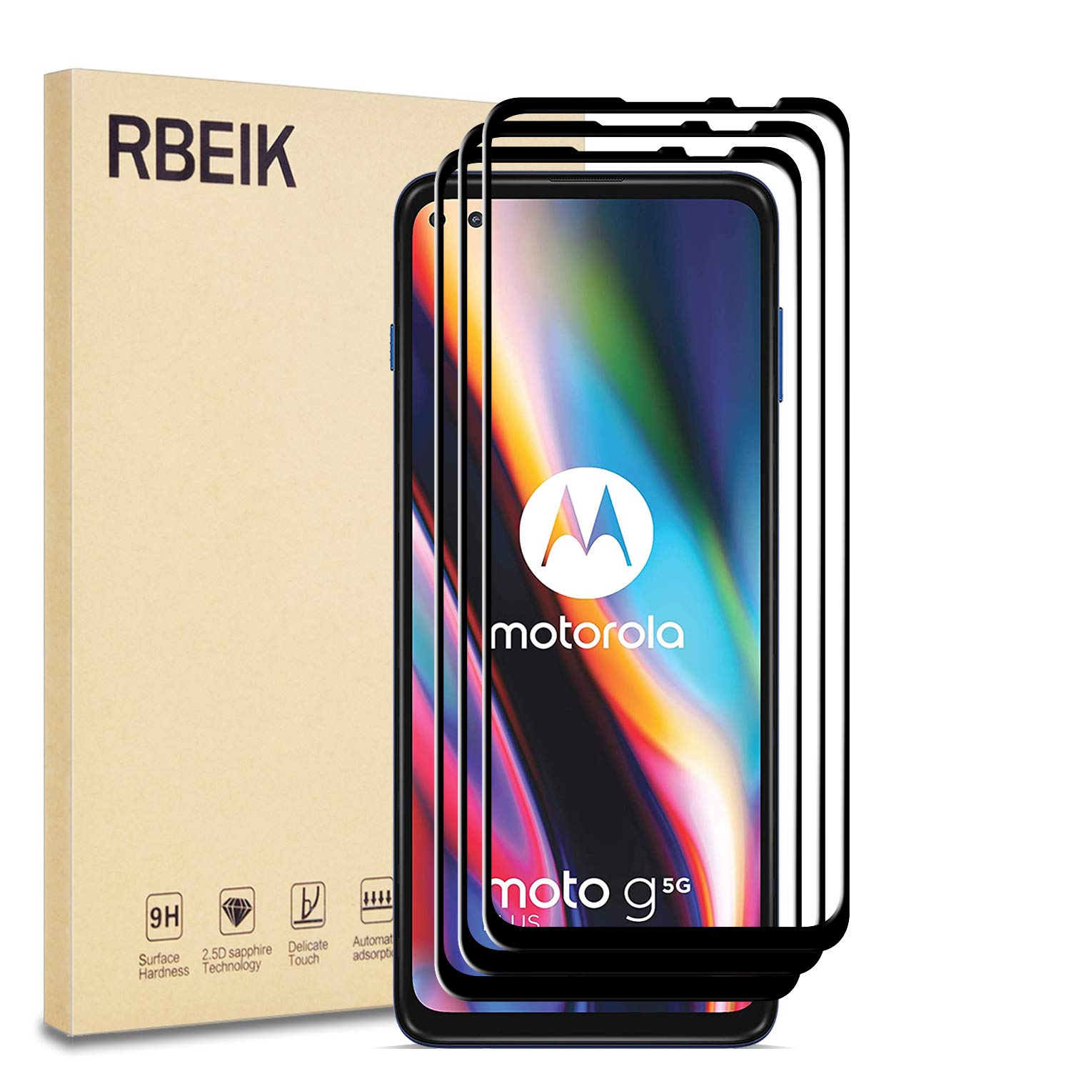 RBEIK Moto G 5G Plus/Motorola One 5G Screen Protector, [3 Pack] Anti-Fingerprints Scratch Resistance Bubble Free 9H Hardness Tempered Glass for Moto G 5G Plus/Motorola One 5G, Black