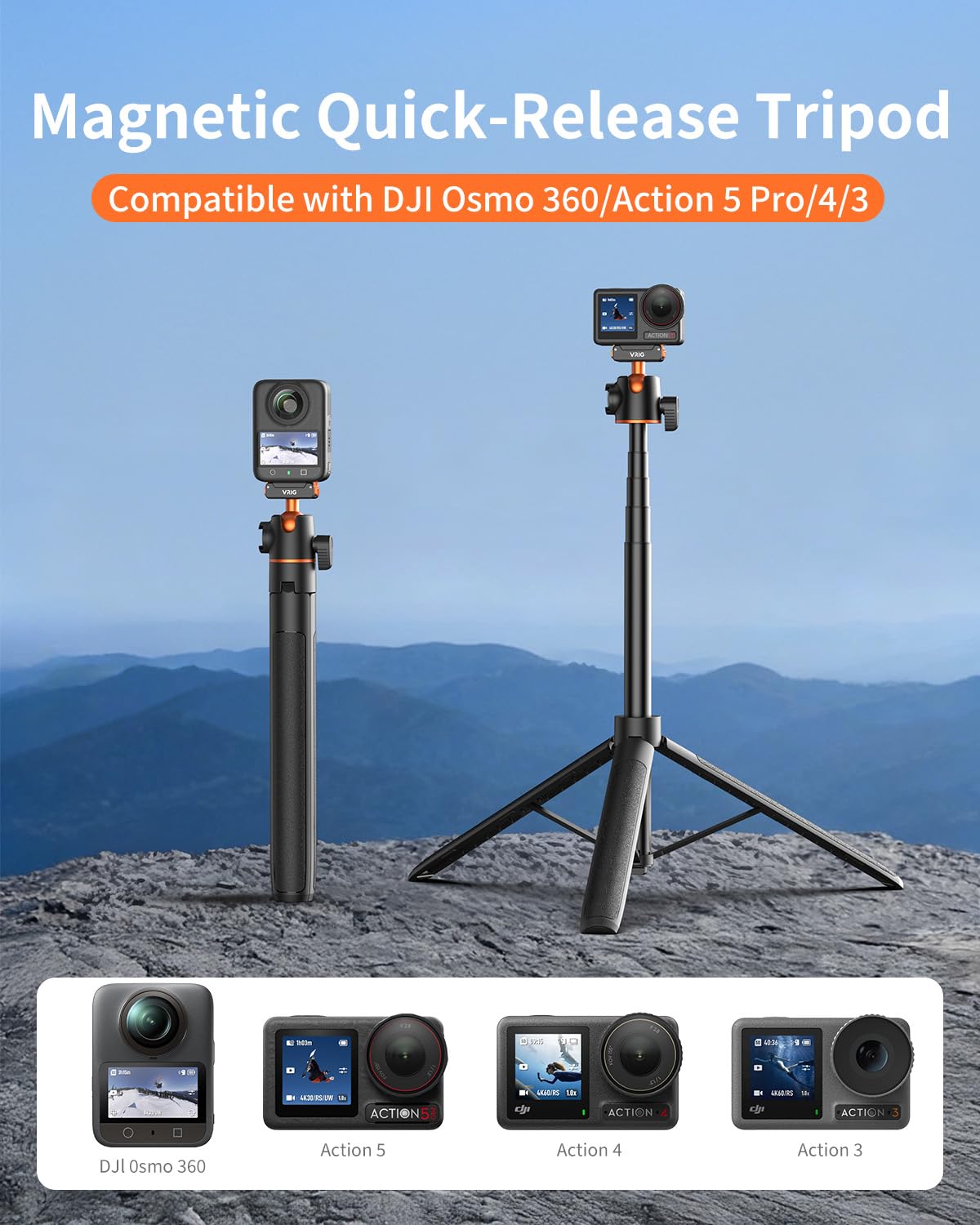 VRIG AC-40S Selfie Stick Stativ für DJI Osmo Action 5 Pro, Länge 33-140 cm, 1/4-Zoll-Schraube & Schnellverschluss-Adapterhalterung für DJI Osmo Action 4/3/Osmo 360