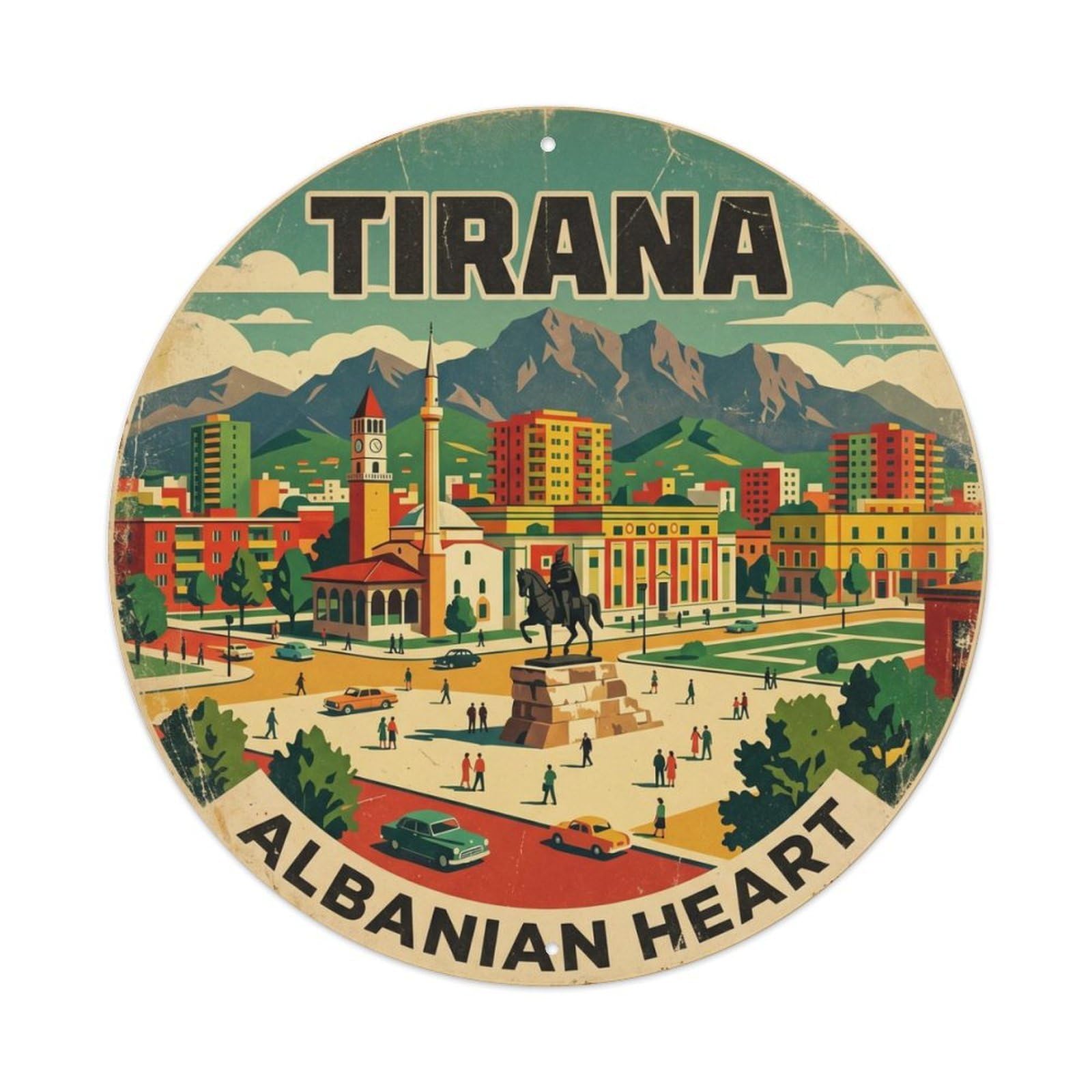 Vintage Travel Square Tirana Albania Metal Tin Sign Plaque Wall Decor for Cafe, Club Bar, Office, Home Garden Round Metal Poster 8x8Inch