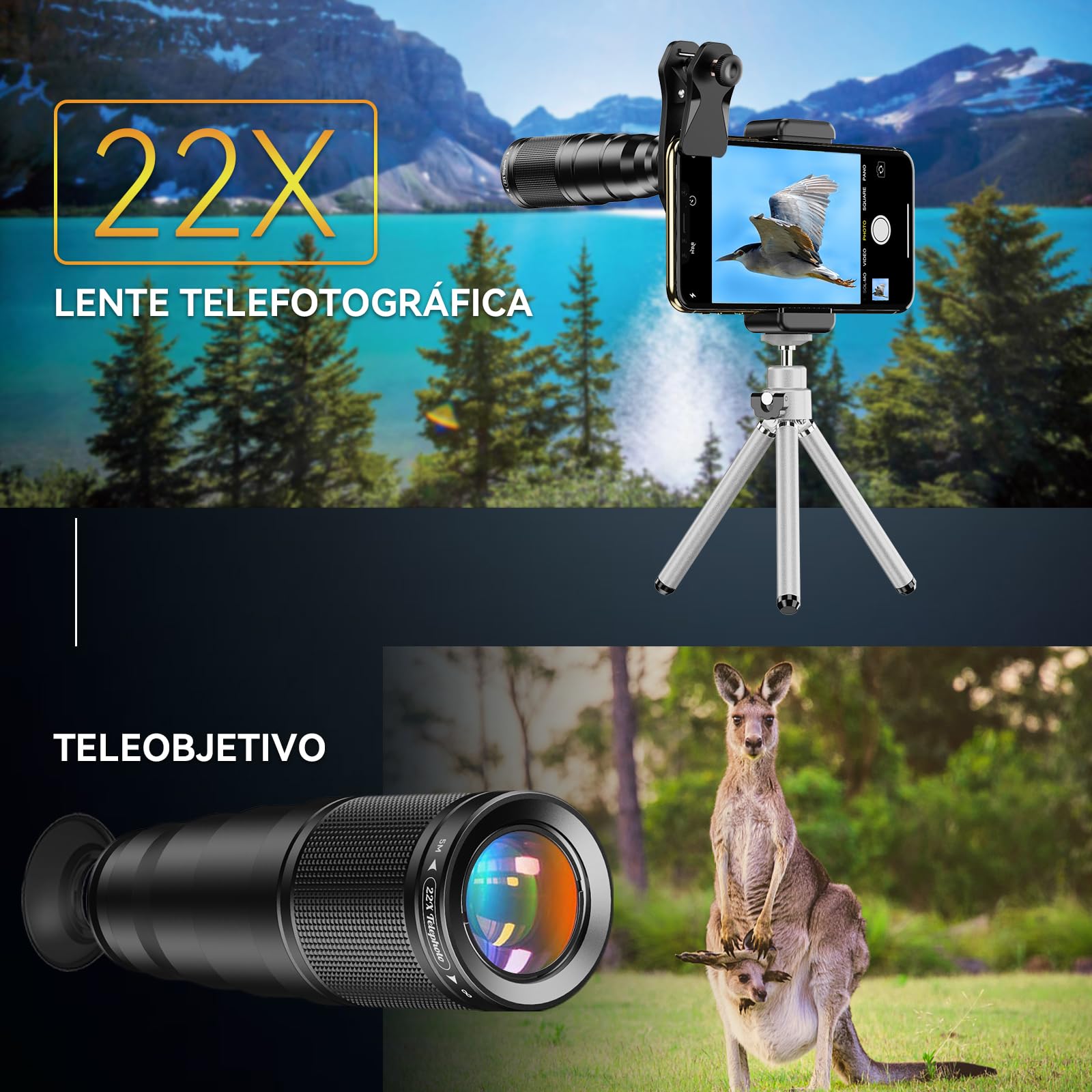 Apexel 4 en 1 Kit de Lente para Teléfono Móvil, Teleobjetivo 22x, Lente de Pesca de 205 °, con Macro 20x, Gran Angular de 120 °, con Trípode para iPhone, Andriod y la Mayoría de los Teléfonos
