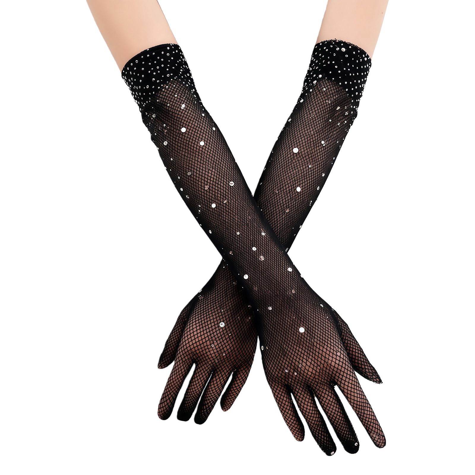 DUOYIJIN Long Fishnet Gloves with Rhinestones Sparkly Glitter Fish Net Gloves for 80s Fancy Dress Evening Party Costume Halloween Cosplay Accessories for Women, Black