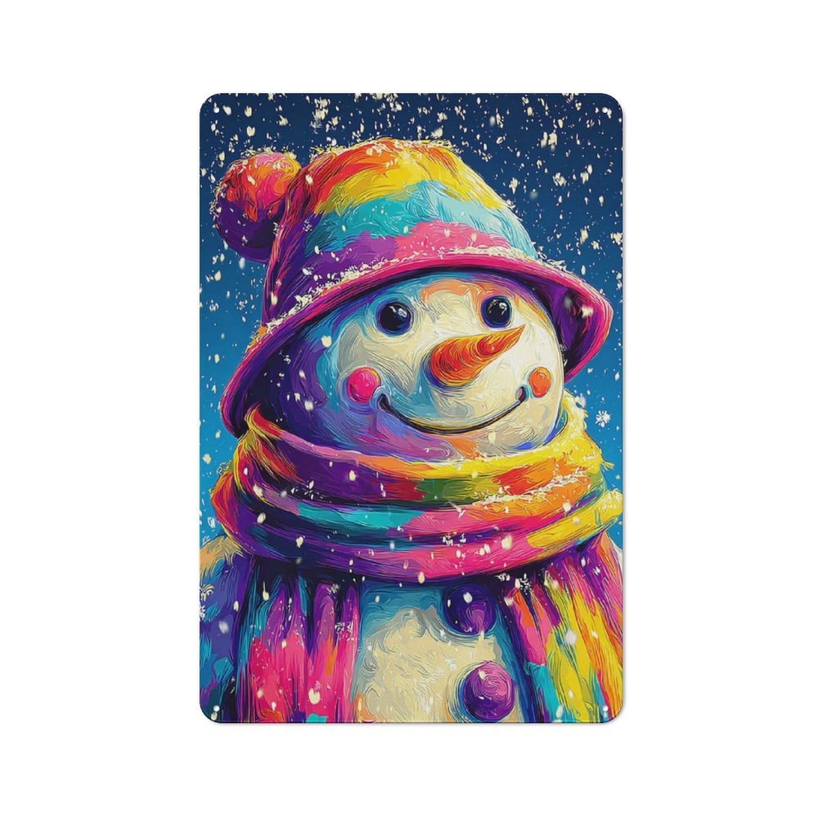 Junmoney Colorful Snowman Winter Art-2 Tin Wall Plaque 30X20cm With For Garage Or Workshop, For An Autumn Wall Display In Garage And Workshop