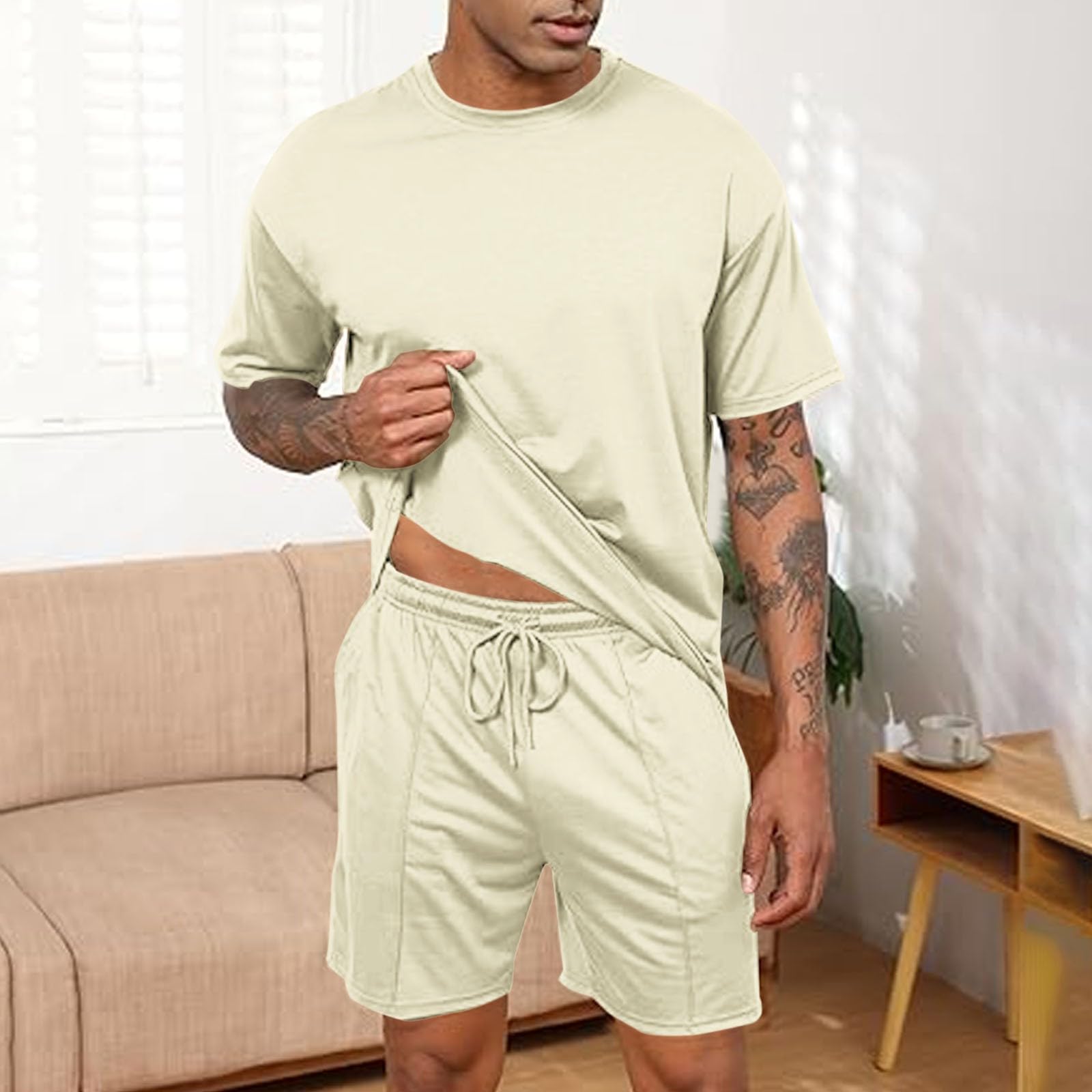 Hombre Casual 2 Trajes Manga Corta Athletic Oversize Camisetas Cordón Chándal Conjunto de Chándal Deportivo Unisex