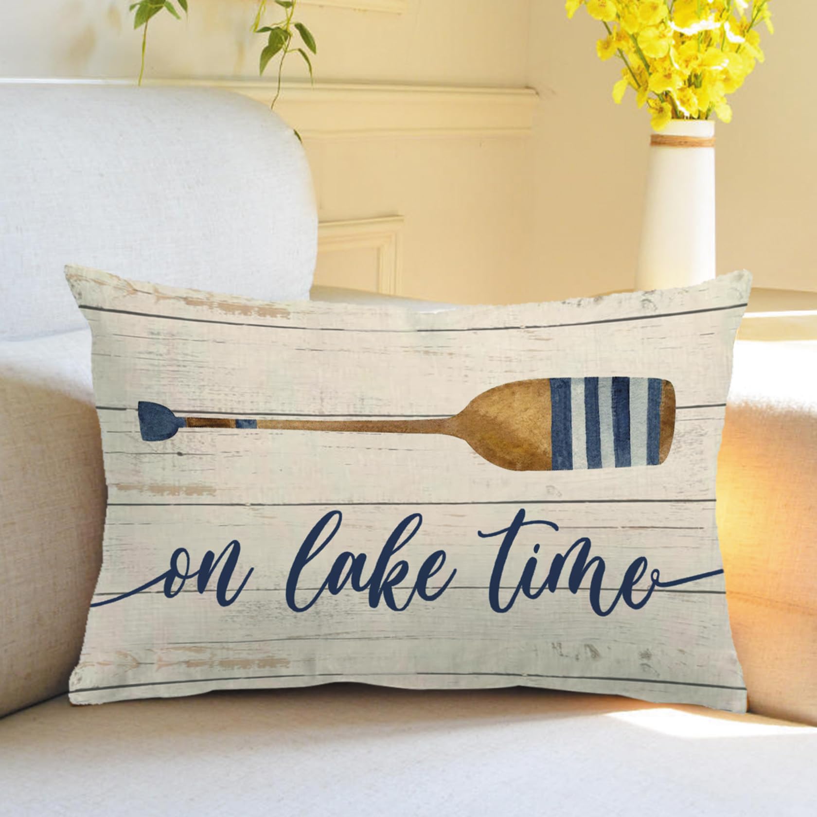 7COLORROOM Set of 2 Nautical Theme Pillow Covers Double-Sided Printed Wood Grain Funny Quote Relax On Lake Time Rectangular/Waist Cushion Cover Summer Ocean Home Decor Pillowcases 12”×20” (Multi) 2